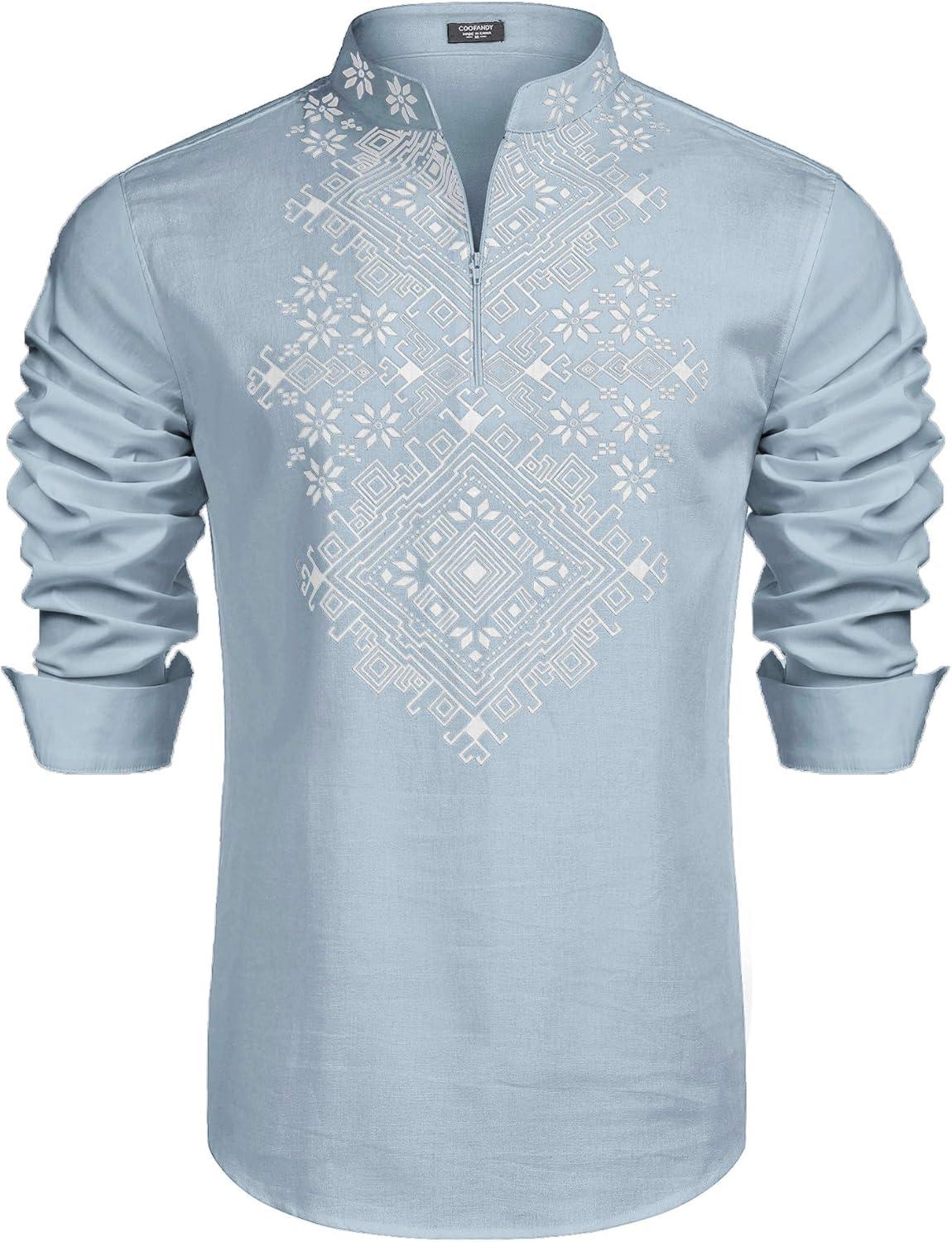 imageCOOFANDY Mens Henley Shirt Vyshyvanka Long Sleeve African Print Shirts Casual Zip Up Cotton Linen Beach Hippie ShirtLight Blue