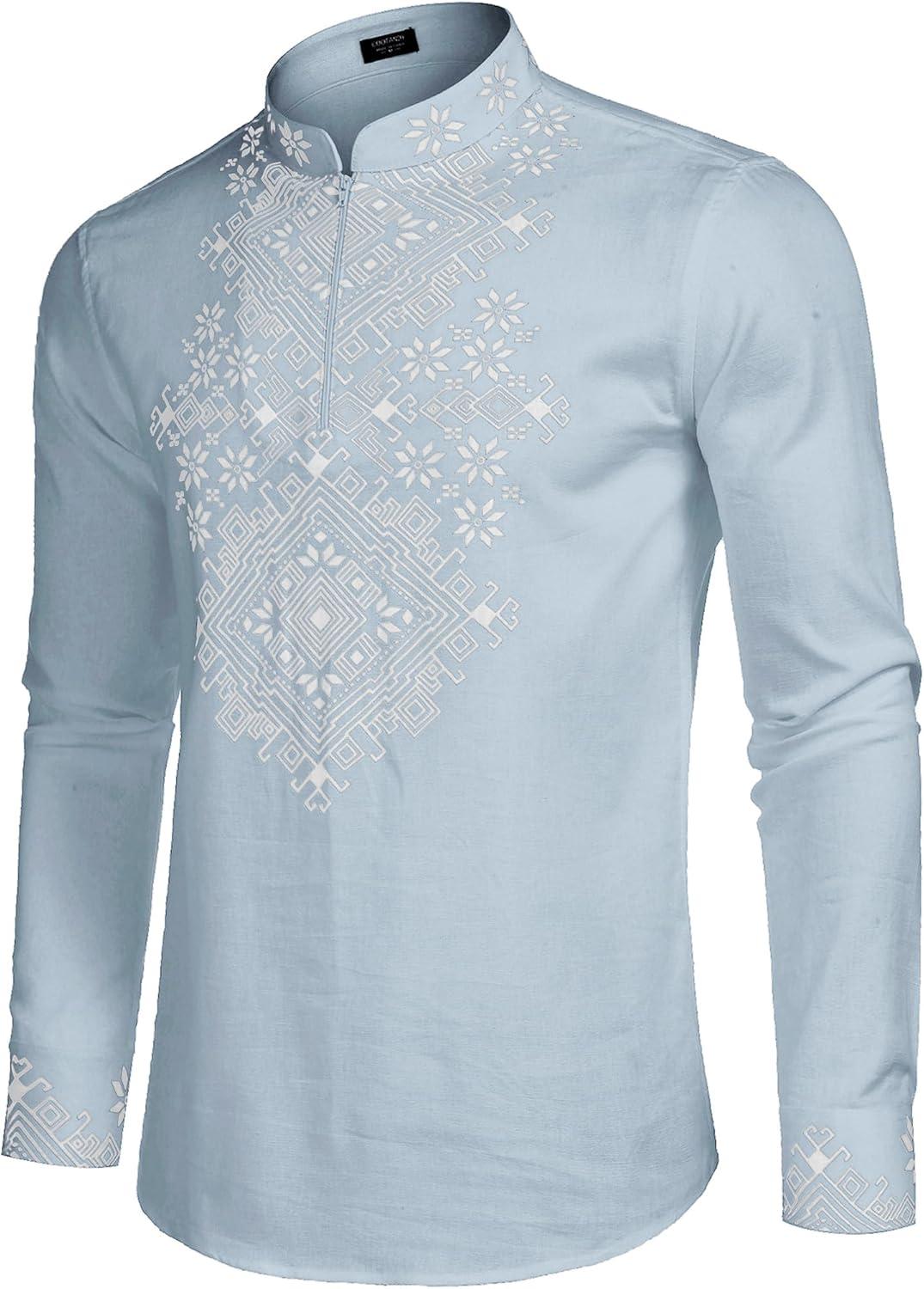 imageCOOFANDY Mens Henley Shirt Vyshyvanka Long Sleeve African Print Shirts Casual Zip Up Cotton Linen Beach Hippie ShirtLight Blue