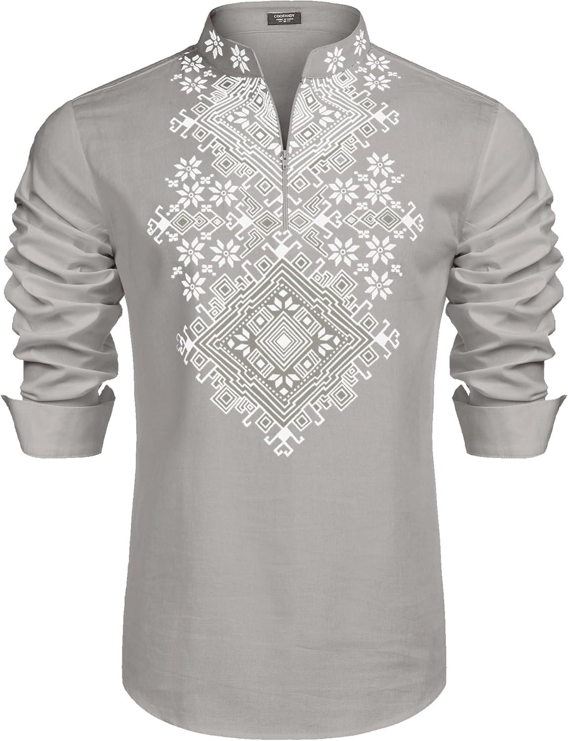 imageCOOFANDY Mens Henley Shirt Vyshyvanka Long Sleeve African Print Shirts Casual Zip Up Cotton Linen Beach Hippie ShirtLight Grey