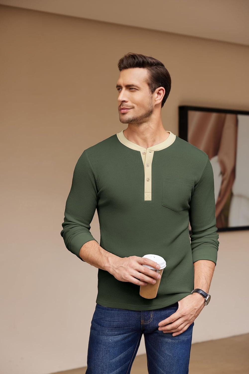 imageCOOFANDY Mens Henley Shirts Long Sleeve Basic Waffle Pique Pullover TShirt with PocketPat Army Light Khaki