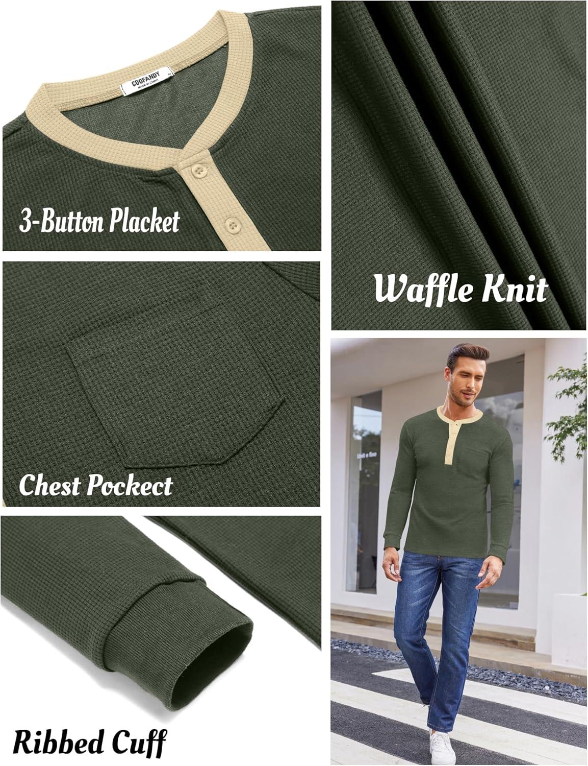 imageCOOFANDY Mens Henley Shirts Long Sleeve Basic Waffle Pique Pullover TShirt with PocketPat Army Light Khaki