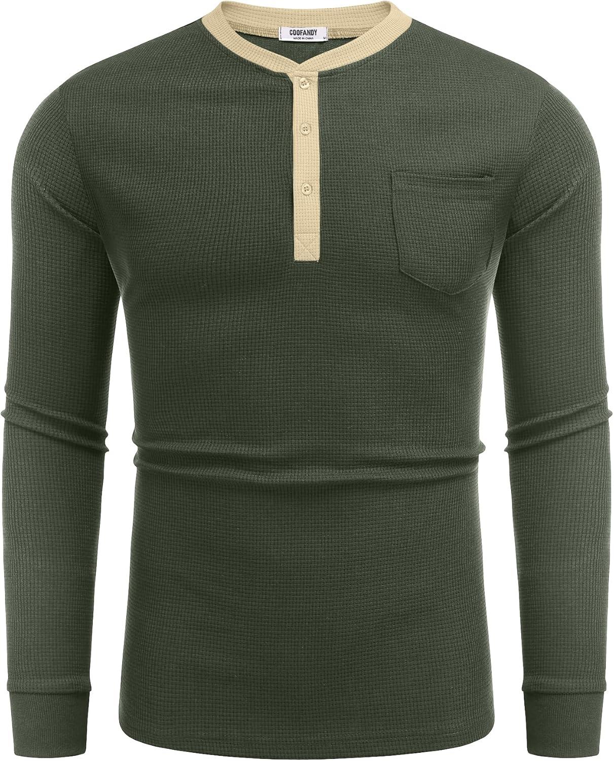 imageCOOFANDY Mens Henley Shirts Long Sleeve Basic Waffle Pique Pullover TShirt with PocketPat Army Light Khaki