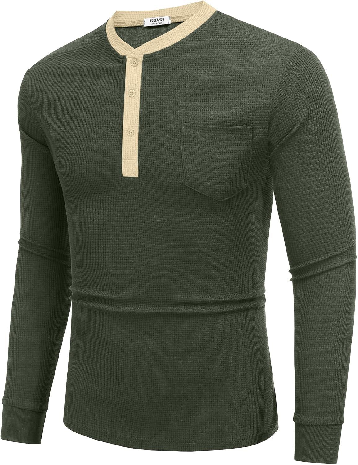 imageCOOFANDY Mens Henley Shirts Long Sleeve Basic Waffle Pique Pullover TShirt with PocketPat Army Light Khaki