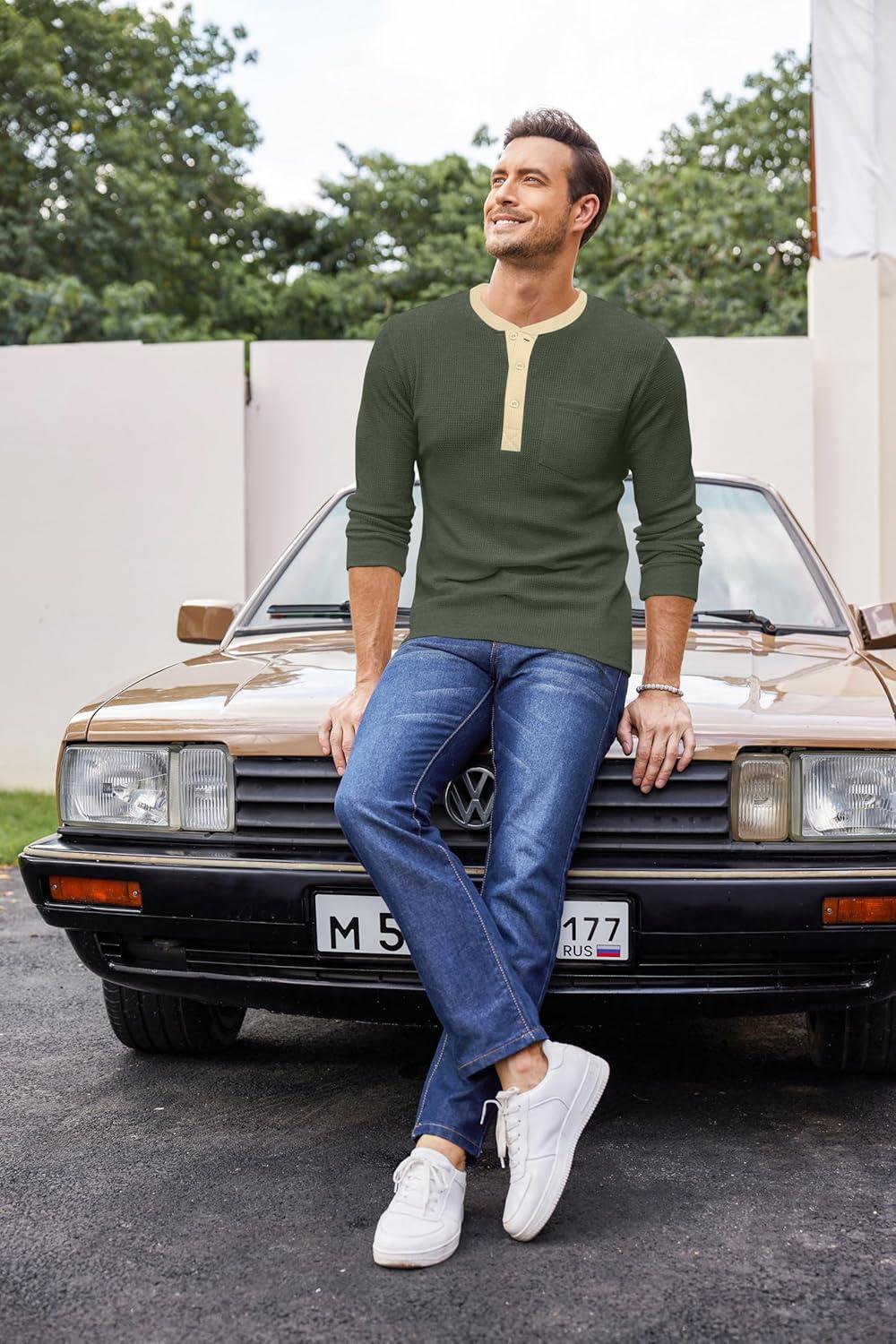 imageCOOFANDY Mens Henley Shirts Long Sleeve Basic Waffle Pique Pullover TShirt with PocketPat Army Light Khaki