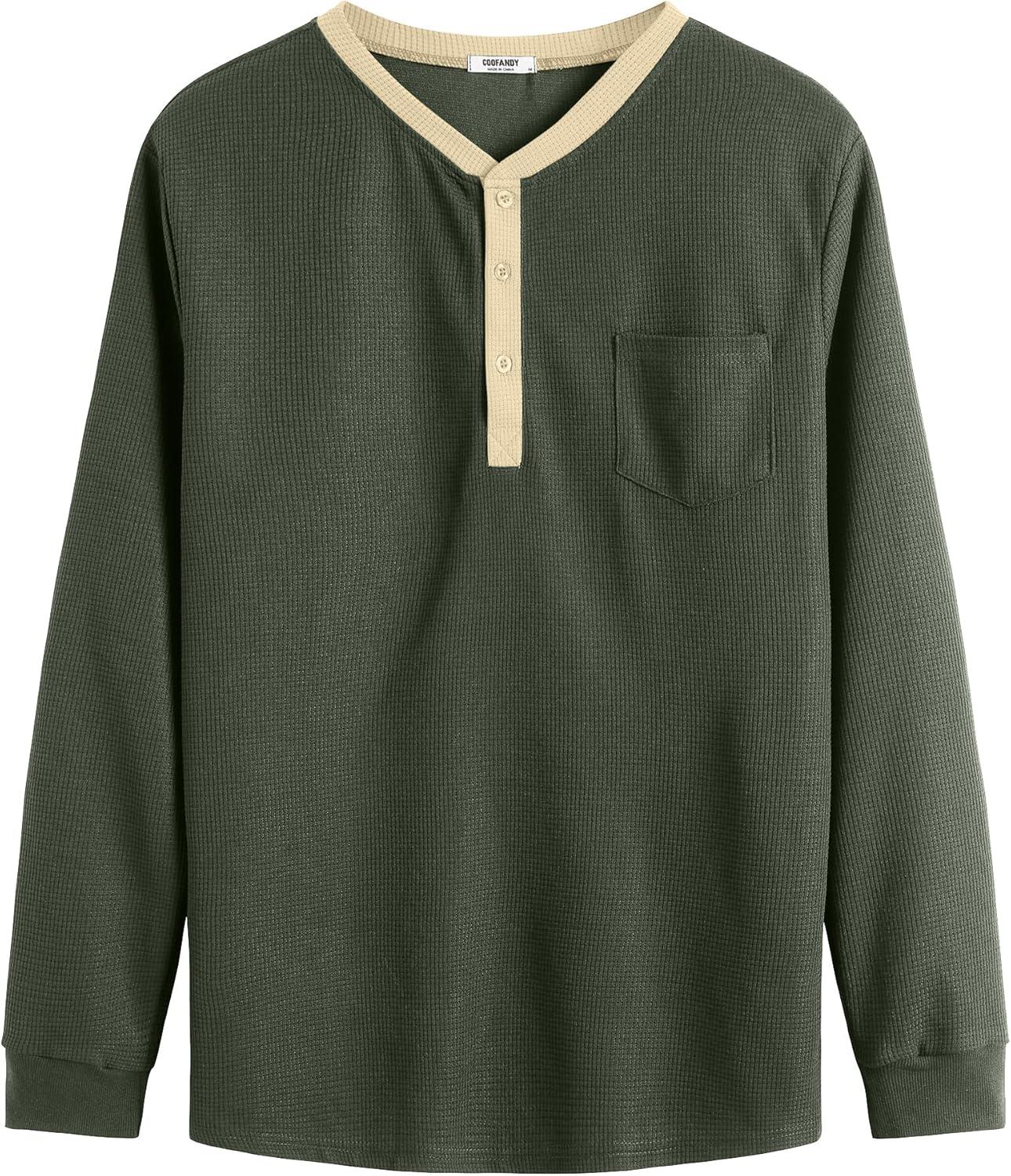 imageCOOFANDY Mens Henley Shirts Long Sleeve Basic Waffle Pique Pullover TShirt with PocketPat Army Light Khaki