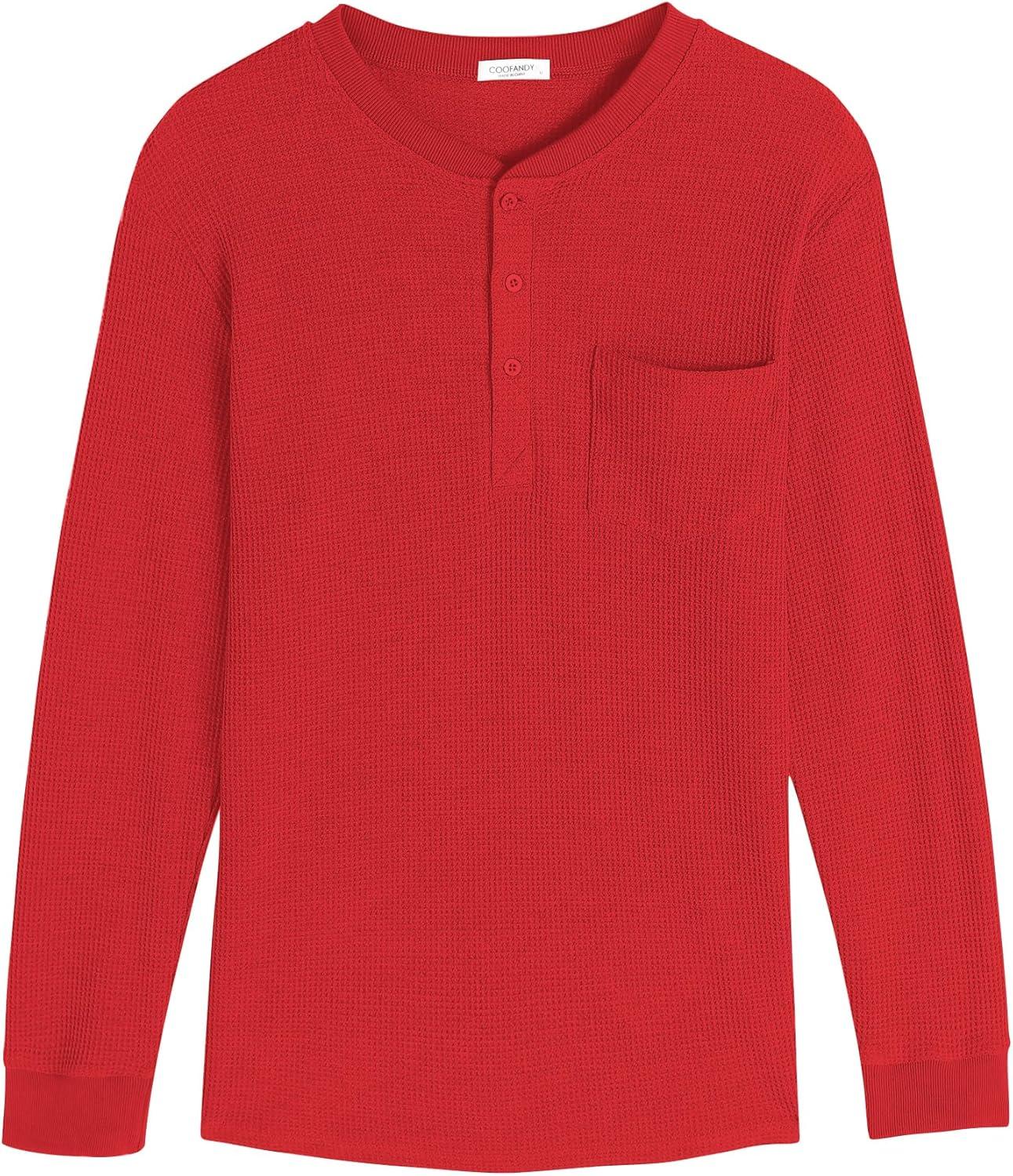 imageCOOFANDY Mens Henley Shirts Long Sleeve Basic Waffle Pique Pullover TShirt with PocketRed