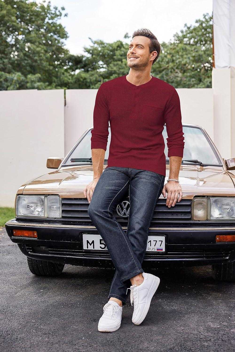 imageCOOFANDY Mens Henley Shirts Long Sleeve Basic Waffle Pique Pullover TShirt with PocketWine Red