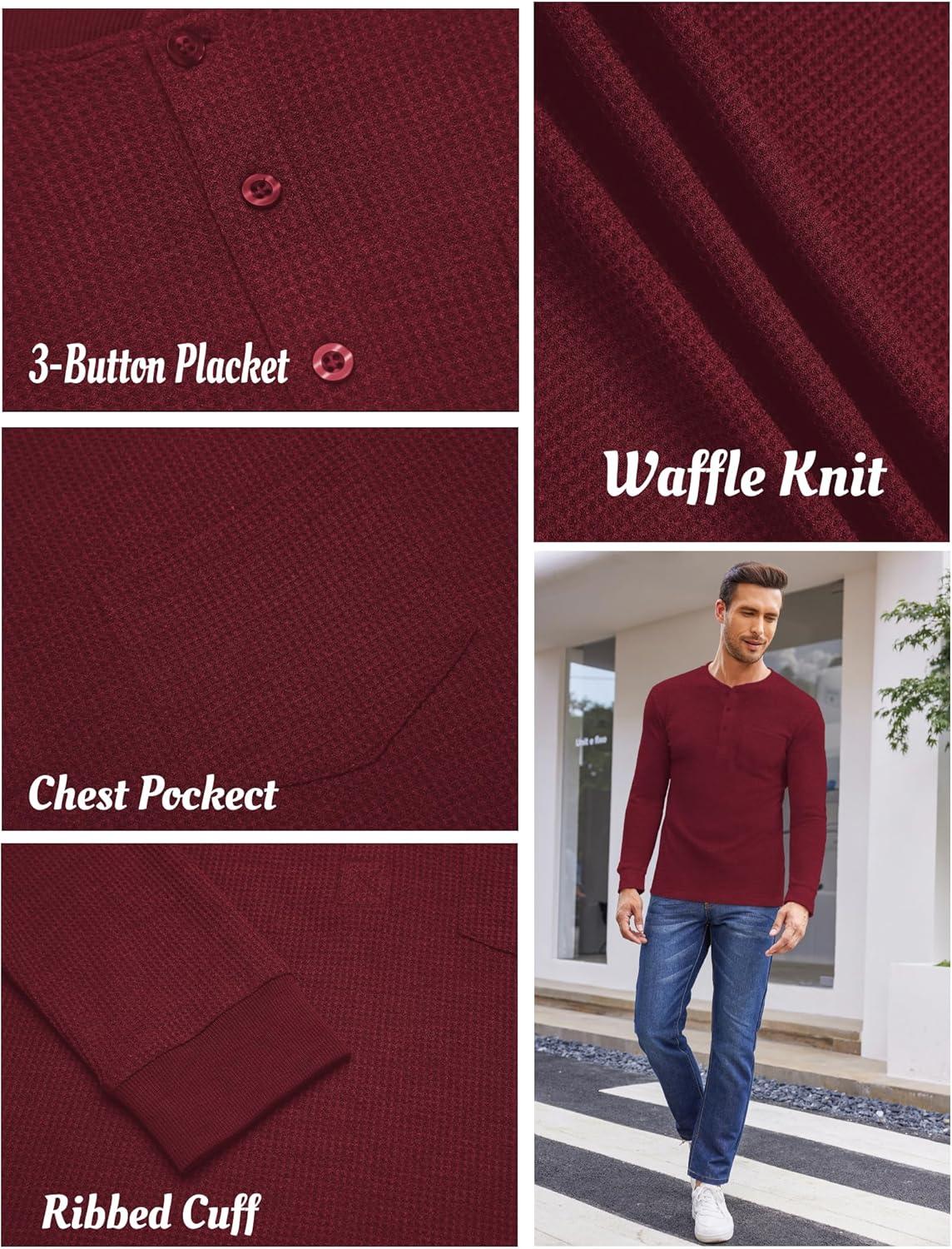 imageCOOFANDY Mens Henley Shirts Long Sleeve Basic Waffle Pique Pullover TShirt with PocketWine Red