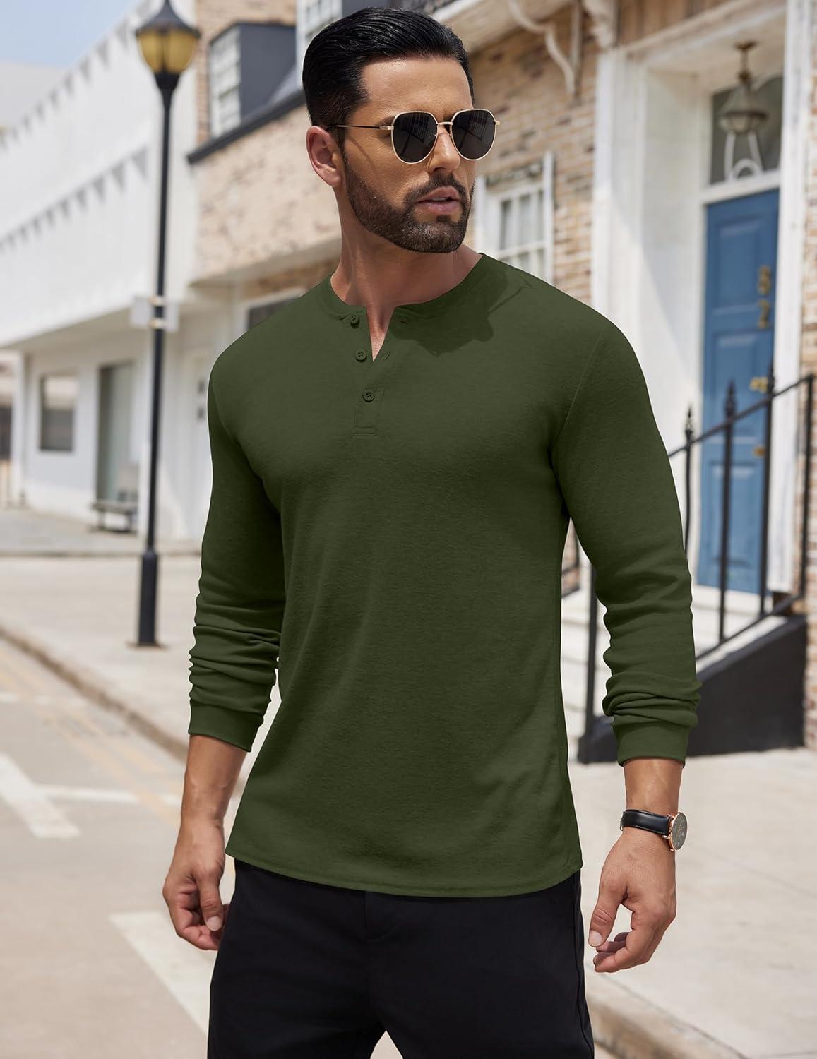 imageCOOFANDY Mens Henley Shirts Long Sleeve Button TShirt Lightweight Fashion Casual Pullover ShirtArmy Green