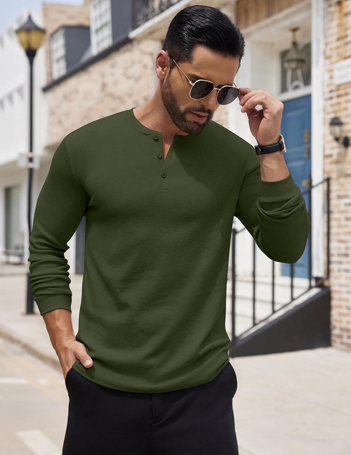 imageCOOFANDY Mens Henley Shirts Long Sleeve Button TShirt Lightweight Fashion Casual Pullover ShirtArmy Green