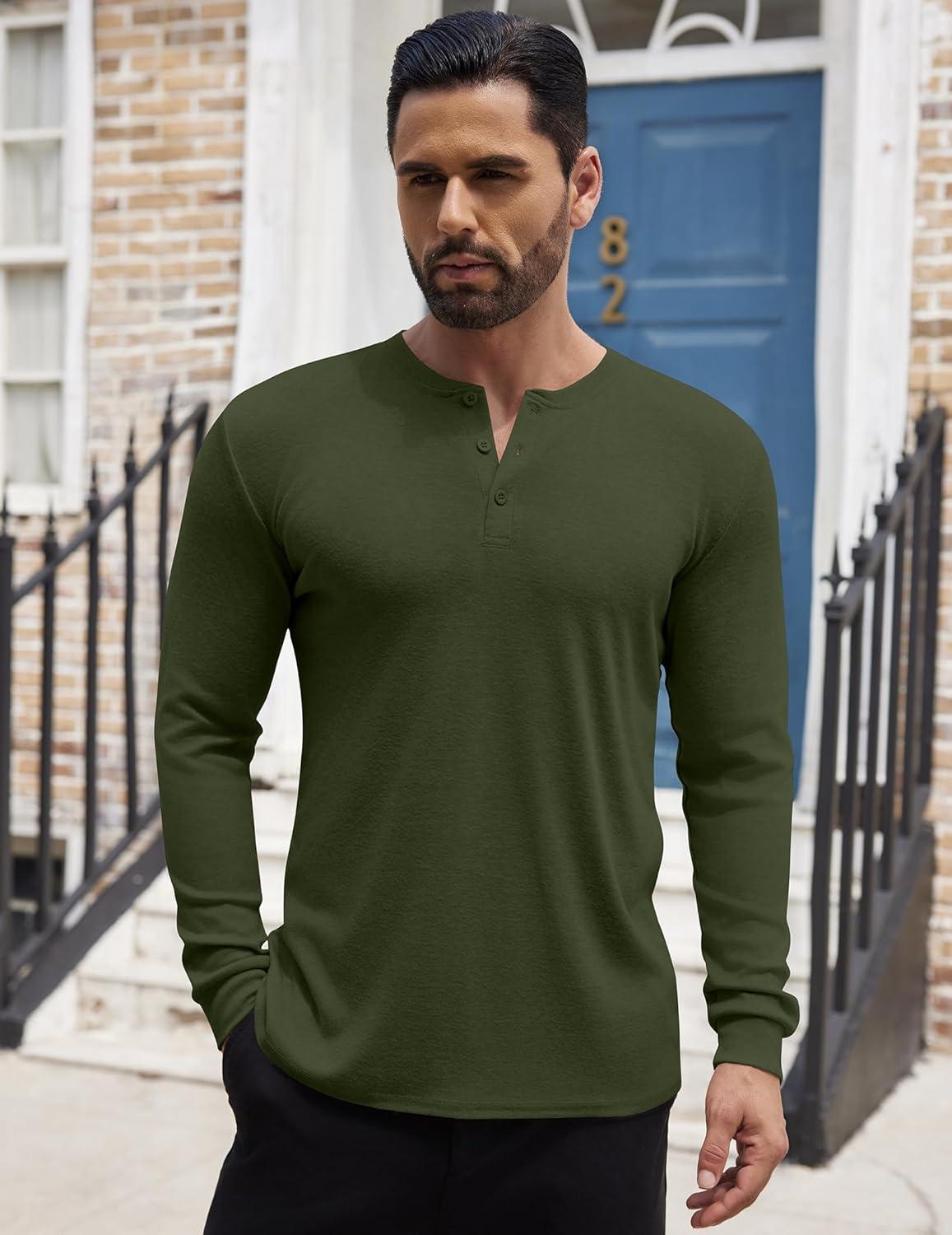 imageCOOFANDY Mens Henley Shirts Long Sleeve Button TShirt Lightweight Fashion Casual Pullover ShirtArmy Green