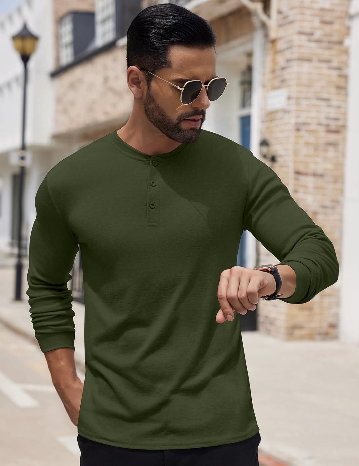 imageCOOFANDY Mens Henley Shirts Long Sleeve Button TShirt Lightweight Fashion Casual Pullover ShirtArmy Green