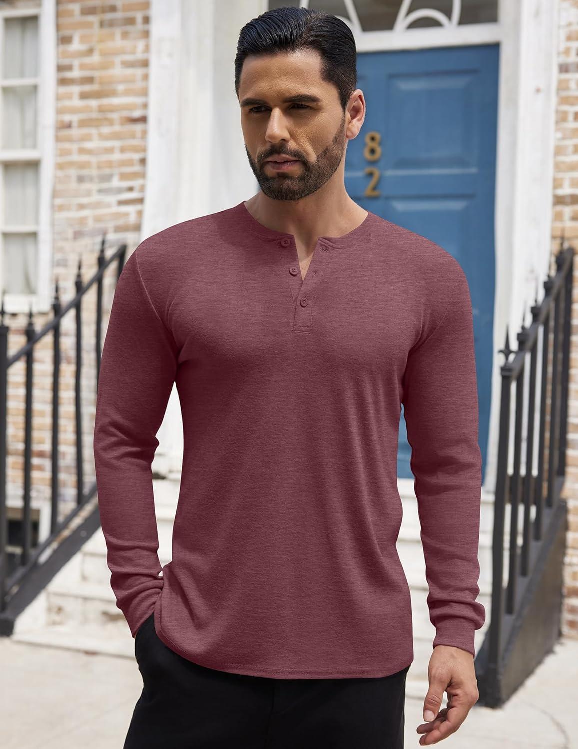 imageCOOFANDY Mens Henley Shirts Long Sleeve Button TShirt Lightweight Fashion Casual Pullover ShirtHeather Burgundy