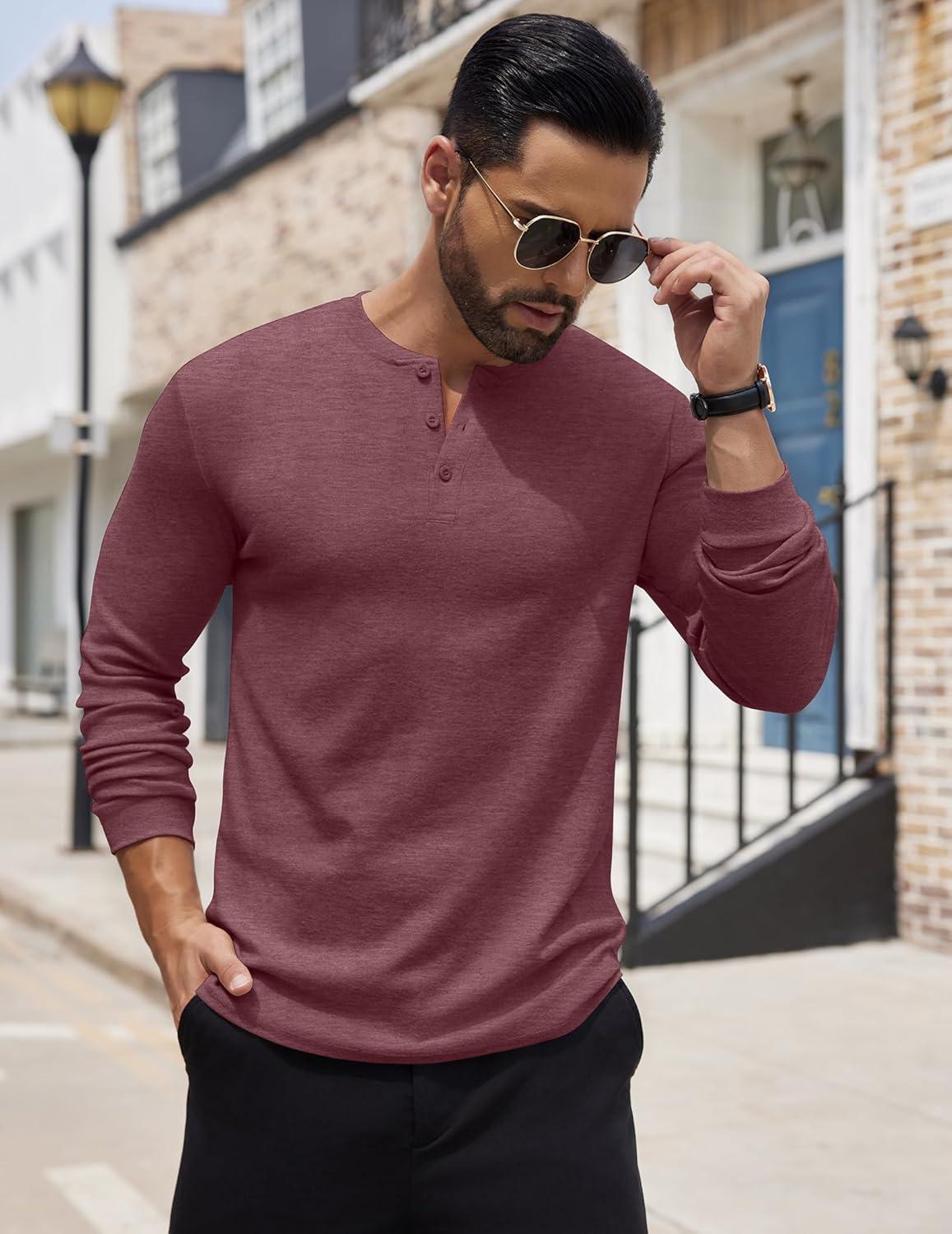 imageCOOFANDY Mens Henley Shirts Long Sleeve Button TShirt Lightweight Fashion Casual Pullover ShirtHeather Burgundy