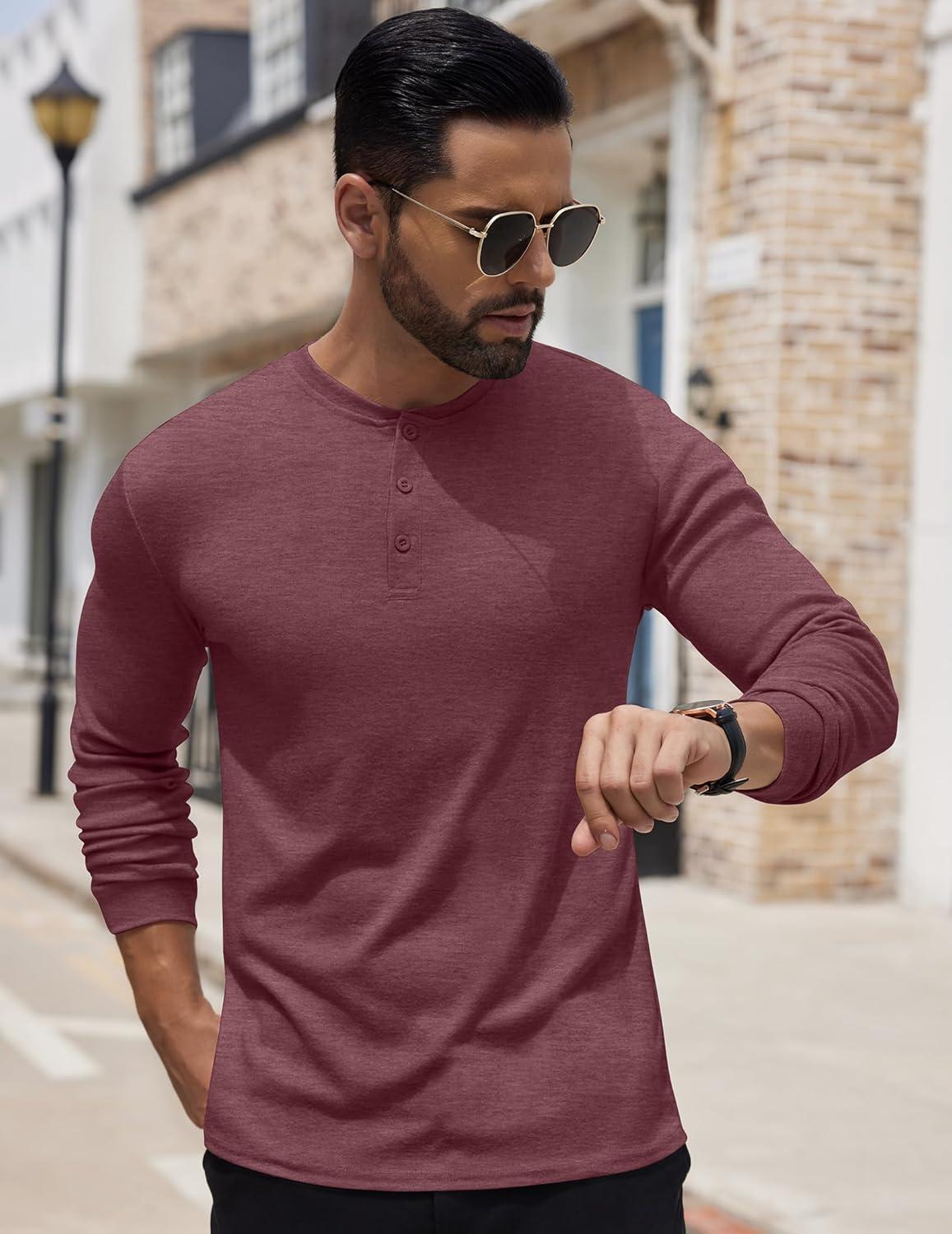 imageCOOFANDY Mens Henley Shirts Long Sleeve Button TShirt Lightweight Fashion Casual Pullover ShirtHeather Burgundy