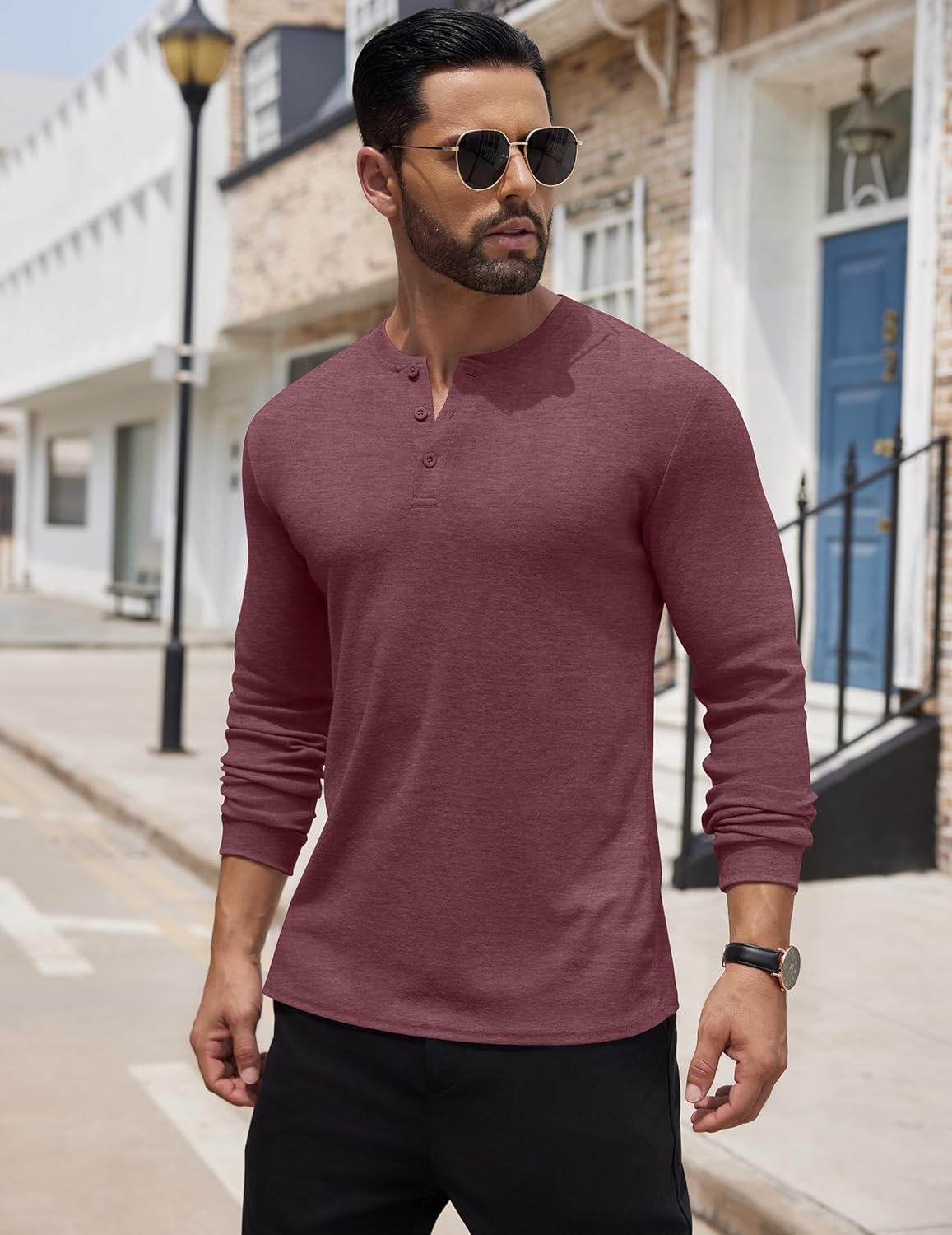 imageCOOFANDY Mens Henley Shirts Long Sleeve Button TShirt Lightweight Fashion Casual Pullover ShirtHeather Burgundy