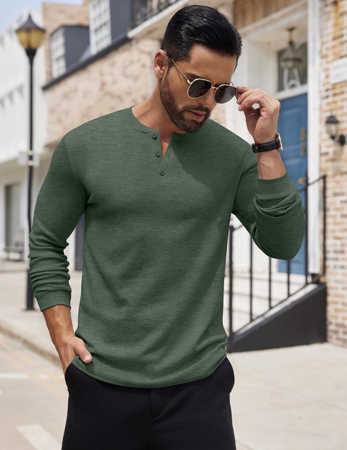 imageCOOFANDY Mens Henley Shirts Long Sleeve Button TShirt Lightweight Fashion Casual Pullover ShirtHeather Green