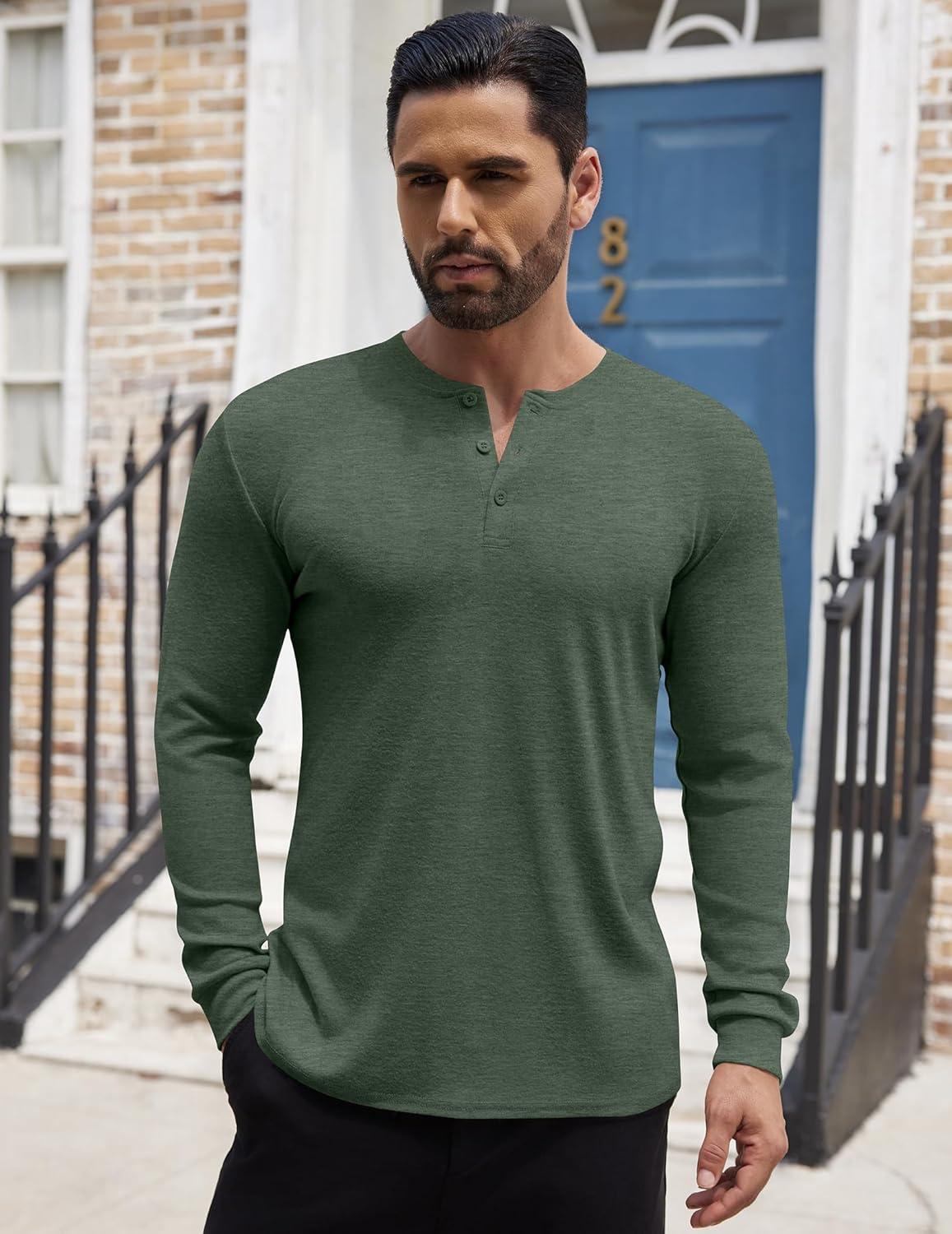 imageCOOFANDY Mens Henley Shirts Long Sleeve Button TShirt Lightweight Fashion Casual Pullover ShirtHeather Green