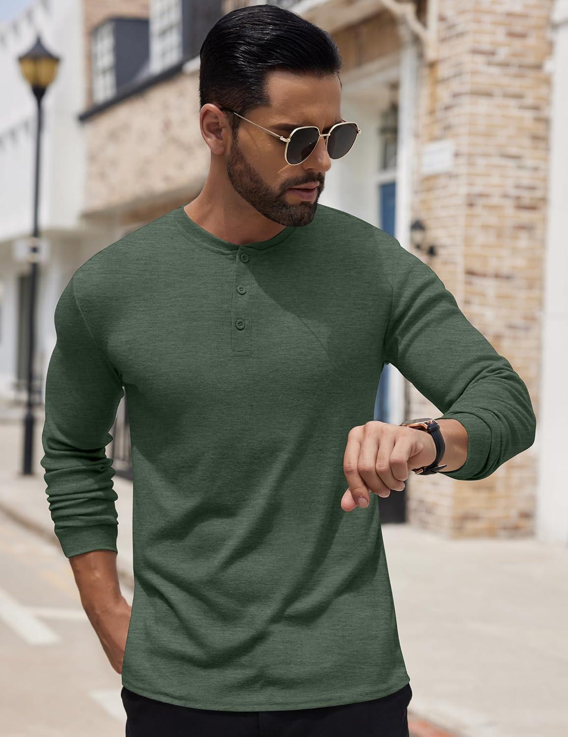 imageCOOFANDY Mens Henley Shirts Long Sleeve Button TShirt Lightweight Fashion Casual Pullover ShirtHeather Green