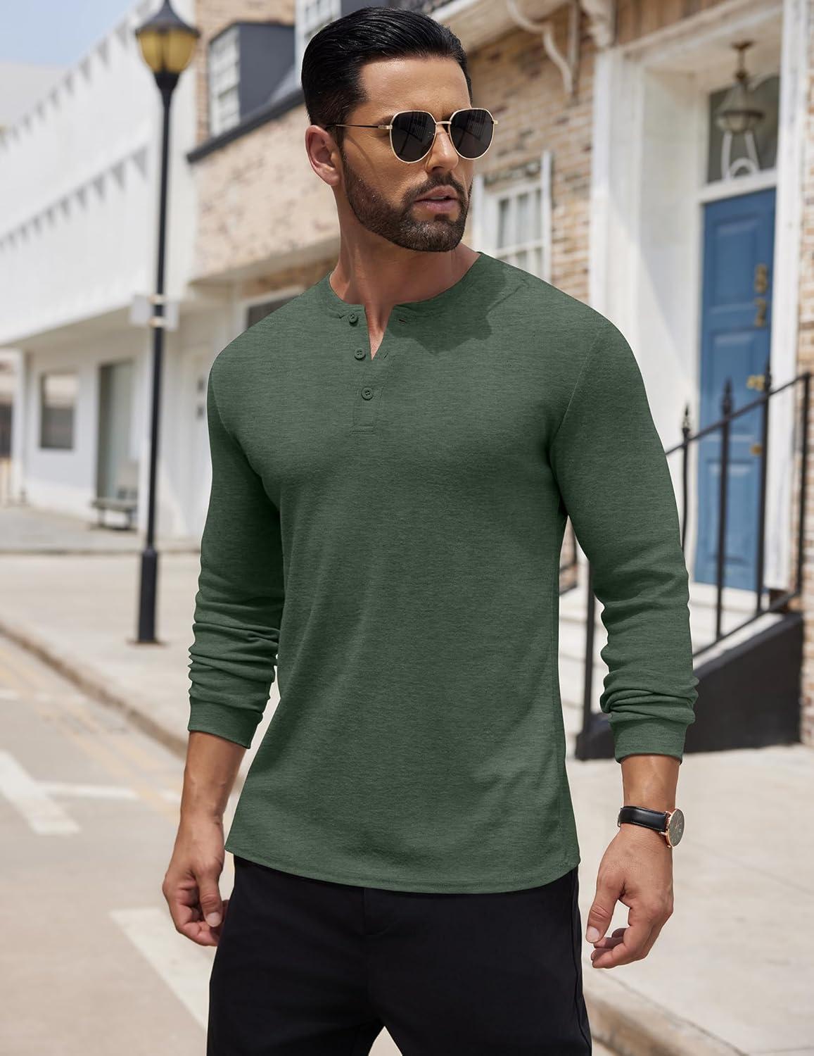 imageCOOFANDY Mens Henley Shirts Long Sleeve Button TShirt Lightweight Fashion Casual Pullover ShirtHeather Green