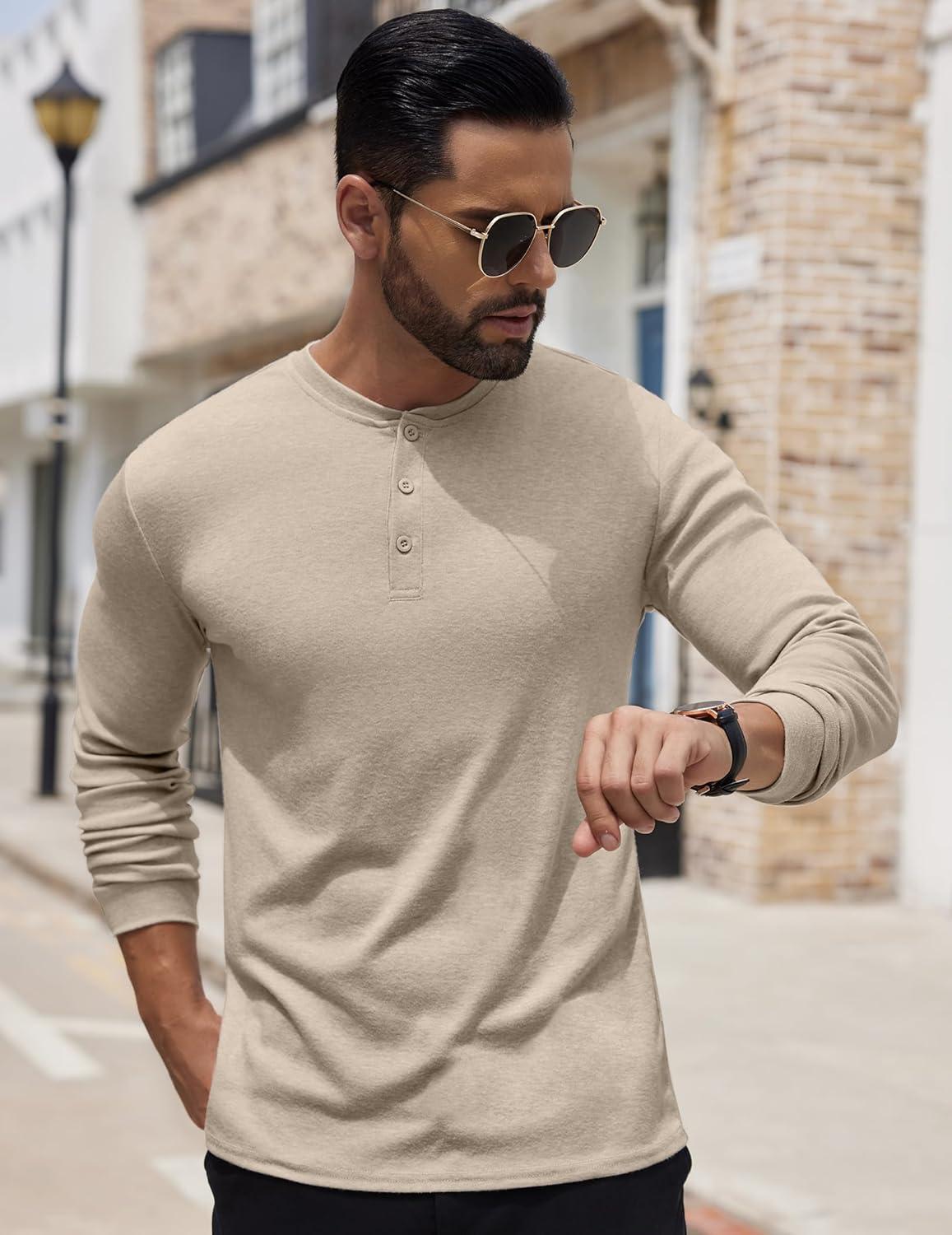 imageCOOFANDY Mens Henley Shirts Long Sleeve Button TShirt Lightweight Fashion Casual Pullover ShirtHeather Khaki
