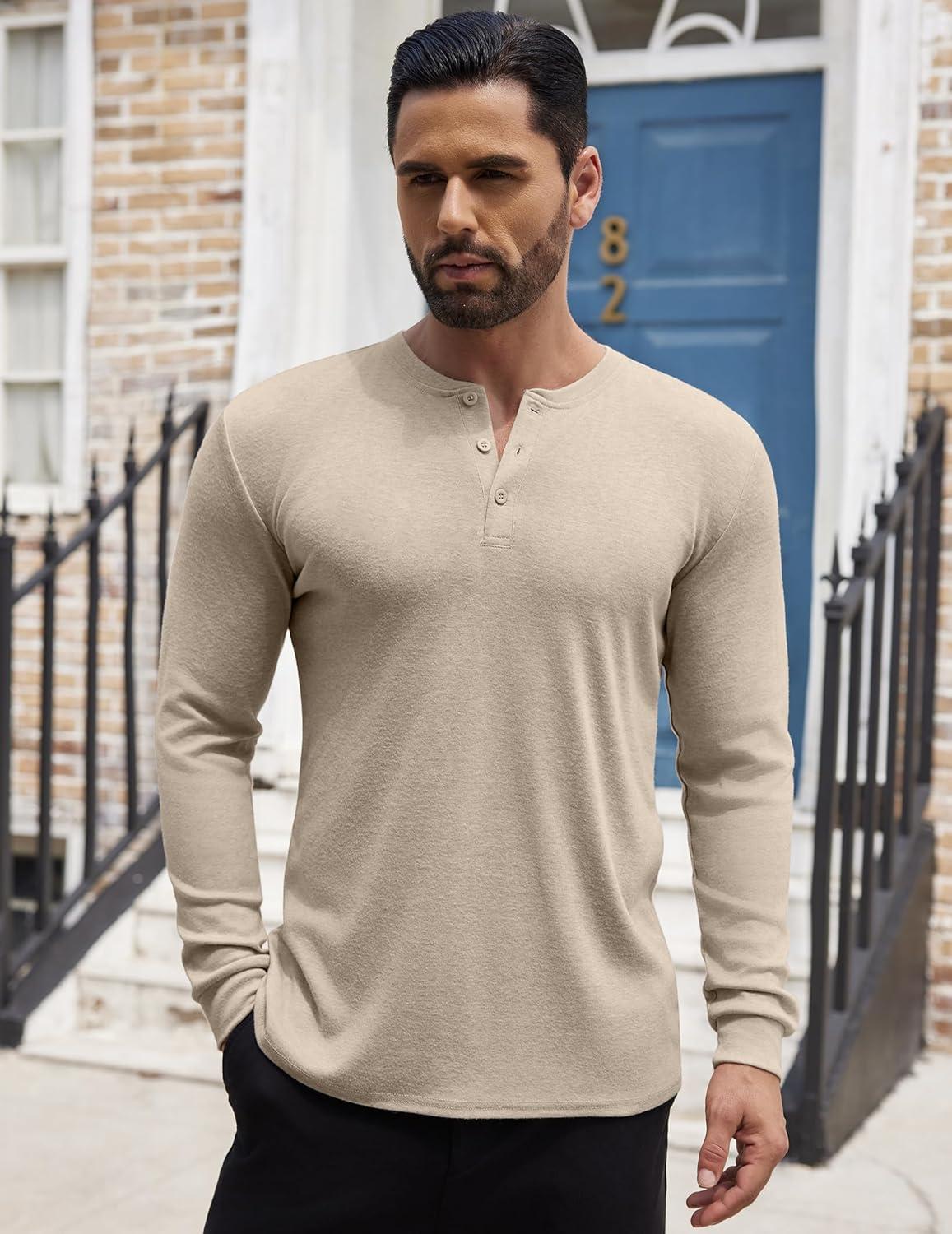 imageCOOFANDY Mens Henley Shirts Long Sleeve Button TShirt Lightweight Fashion Casual Pullover ShirtHeather Khaki