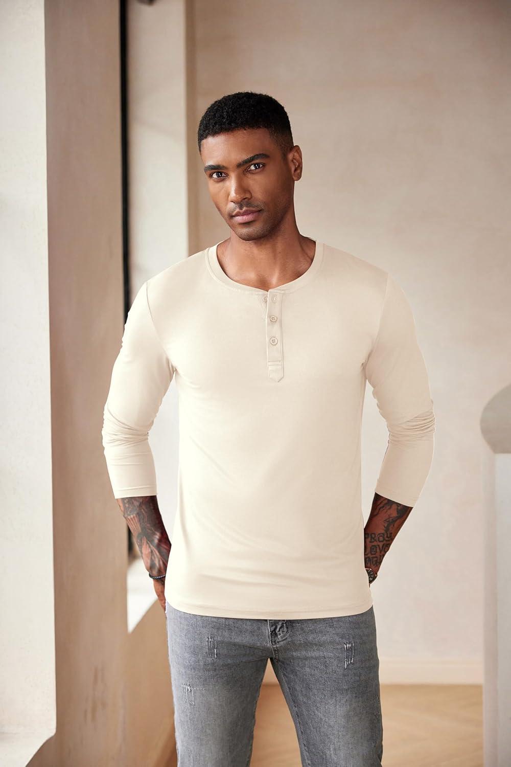 imageCOOFANDY Mens Henley Shirts Long Sleeve Fashion Casual Tee Basic Lightweight TShirtBeige