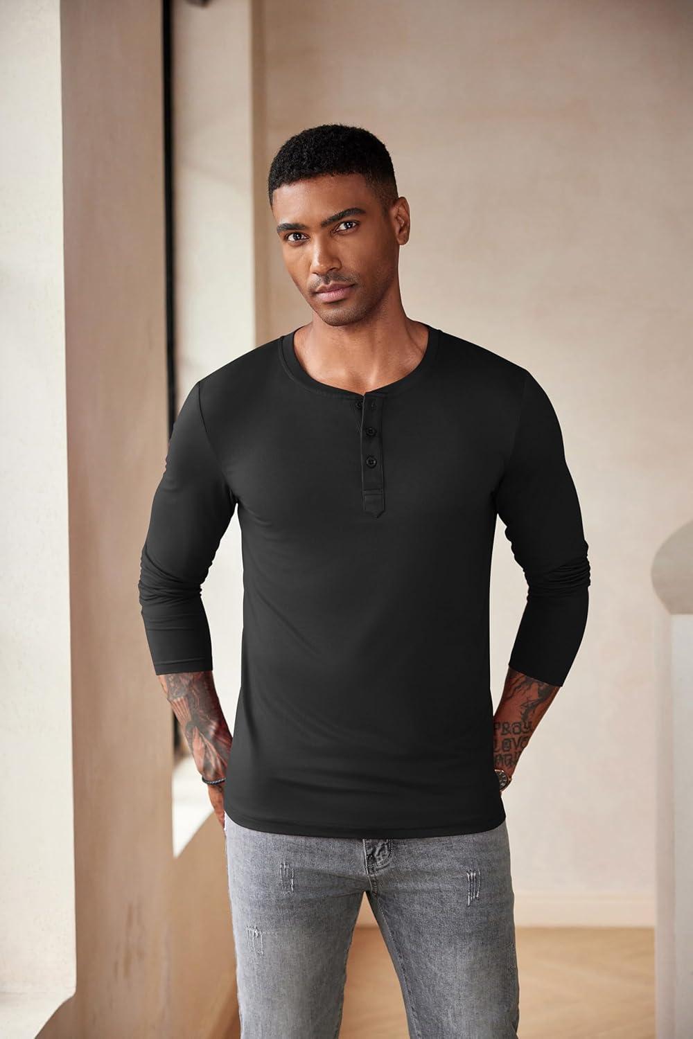 imageCOOFANDY Mens Henley Shirts Long Sleeve Fashion Casual Tee Basic Lightweight TShirtBlackBlue
