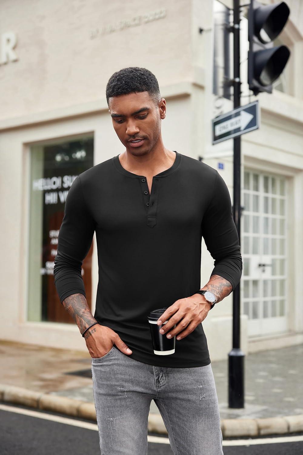 imageCOOFANDY Mens Henley Shirts Long Sleeve Fashion Casual Tee Basic Lightweight TShirtBlackBlue