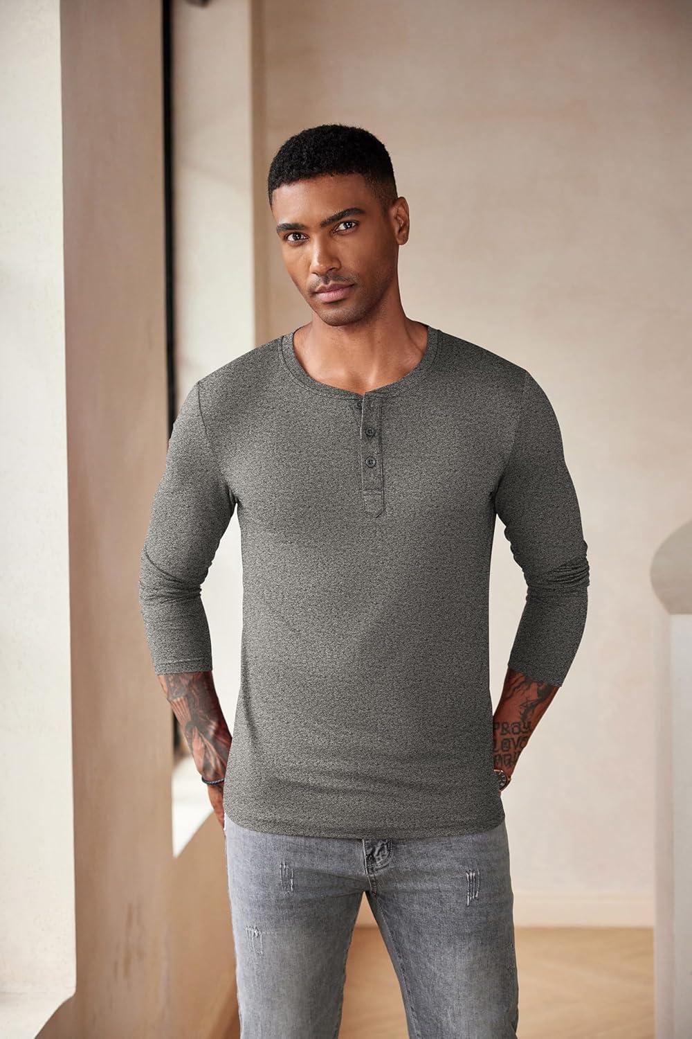 imageCOOFANDY Mens Henley Shirts Long Sleeve Fashion Casual Tee Basic Lightweight TShirtGrey