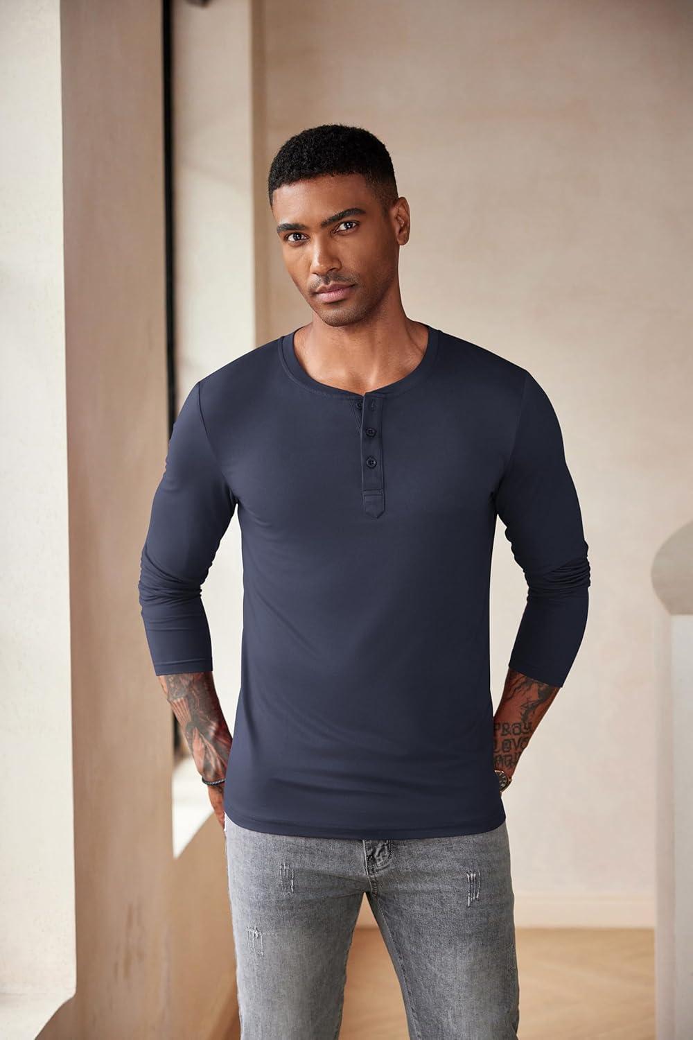 imageCOOFANDY Mens Henley Shirts Long Sleeve Fashion Casual Tee Basic Lightweight TShirtNavy Blue