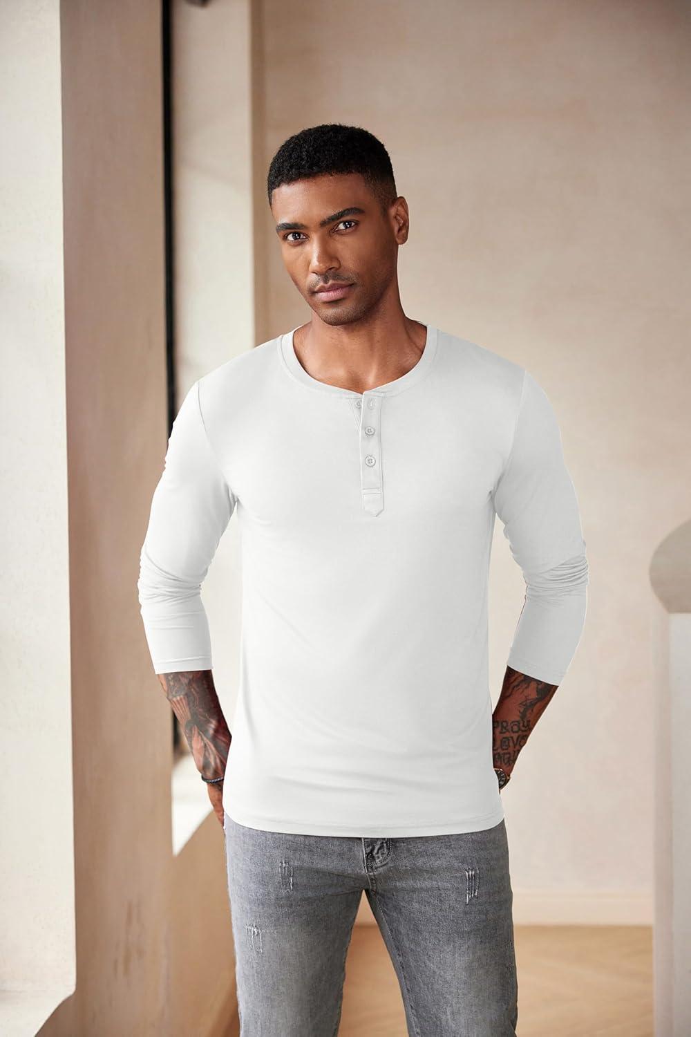 imageCOOFANDY Mens Henley Shirts Long Sleeve Fashion Casual Tee Basic Lightweight TShirtWhite