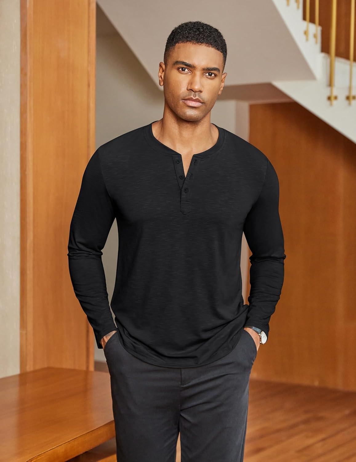 imageCOOFANDY Mens Henley Shirts Long Sleeve Lightweight Button TShirt Casual Basic Tee TopBlack