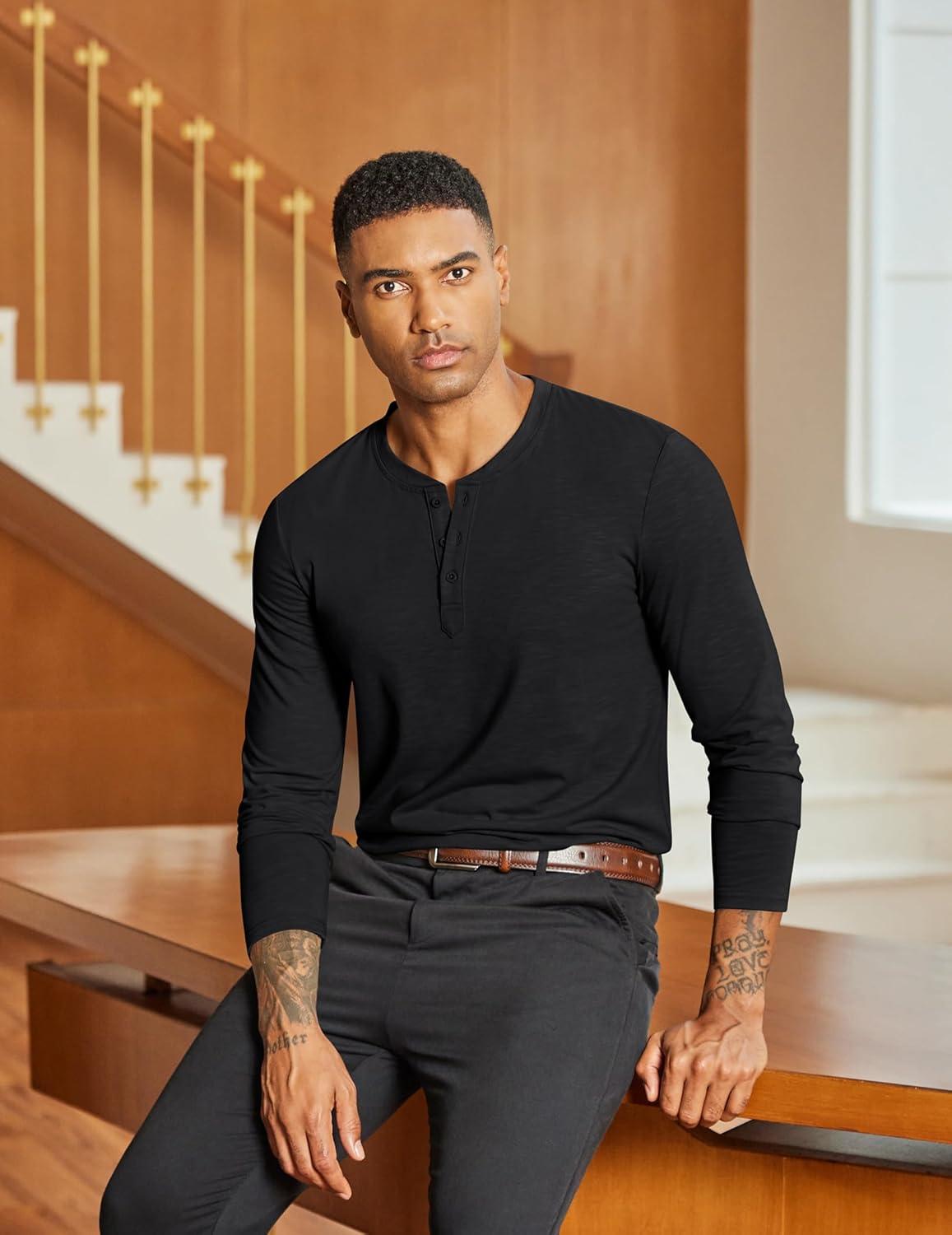 imageCOOFANDY Mens Henley Shirts Long Sleeve Lightweight Button TShirt Casual Basic Tee TopBlack