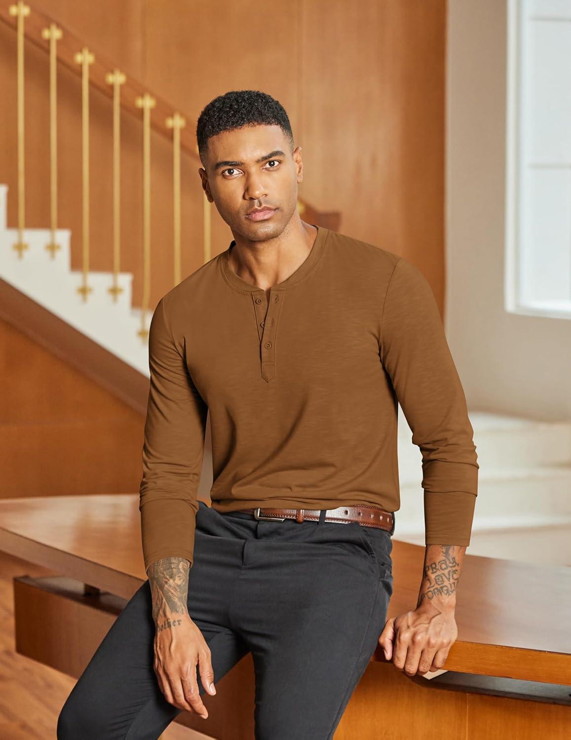 imageCOOFANDY Mens Henley Shirts Long Sleeve Lightweight Button TShirt Casual Basic Tee TopCaramel Brown
