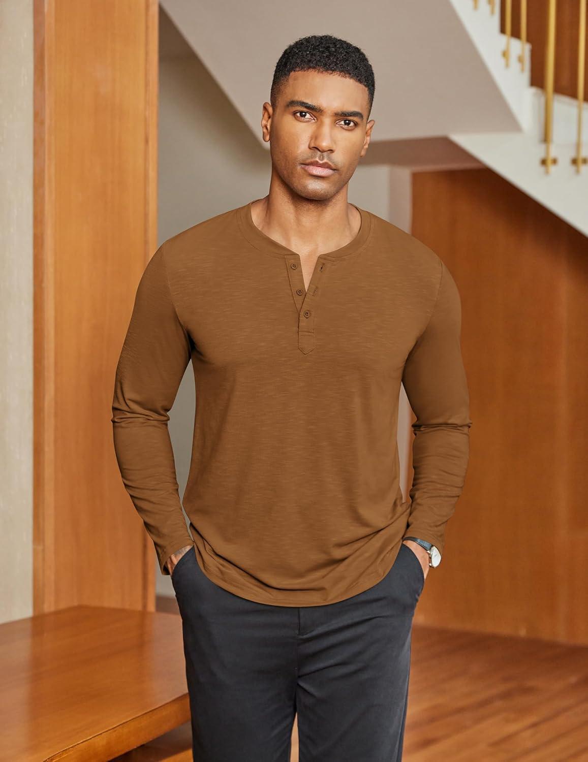 imageCOOFANDY Mens Henley Shirts Long Sleeve Lightweight Button TShirt Casual Basic Tee TopCaramel Brown