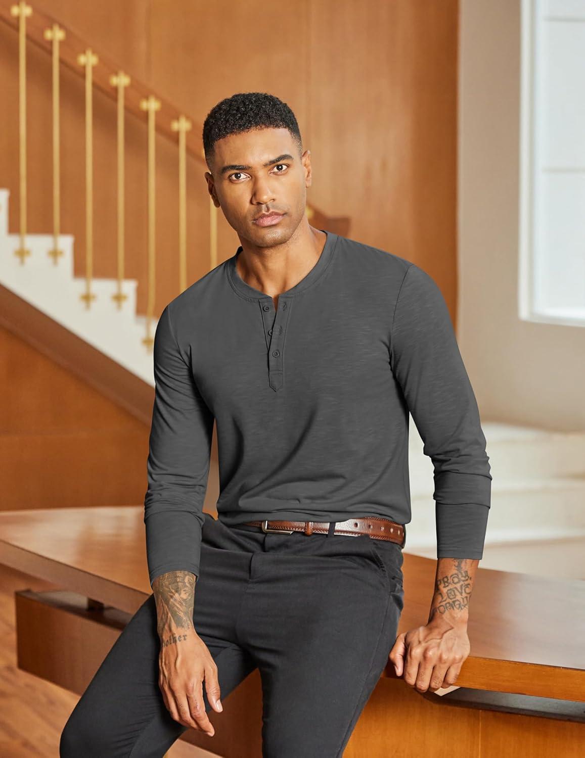 imageCOOFANDY Mens Henley Shirts Long Sleeve Lightweight Button TShirt Casual Basic Tee TopDark Grey