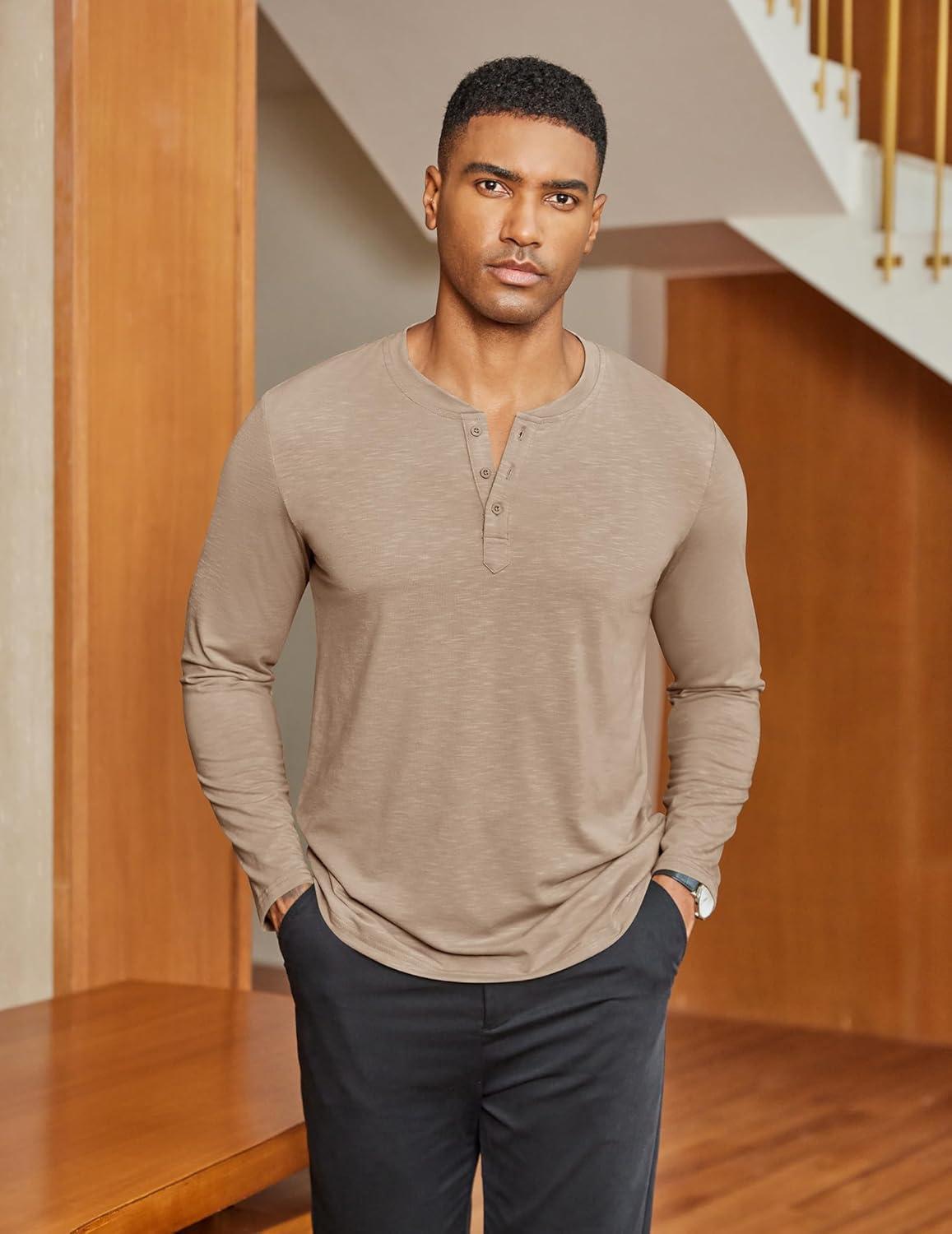 imageCOOFANDY Mens Henley Shirts Long Sleeve Lightweight Button TShirt Casual Basic Tee TopKhaki