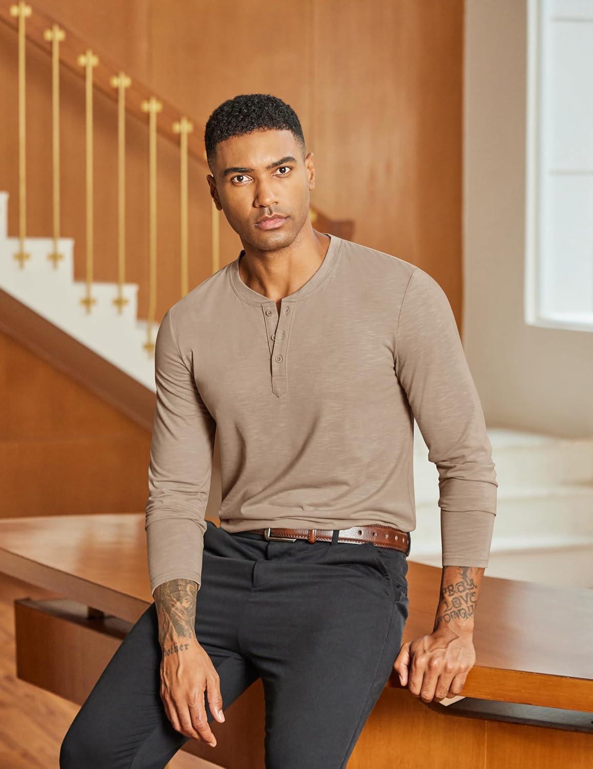 imageCOOFANDY Mens Henley Shirts Long Sleeve Lightweight Button TShirt Casual Basic Tee TopKhaki