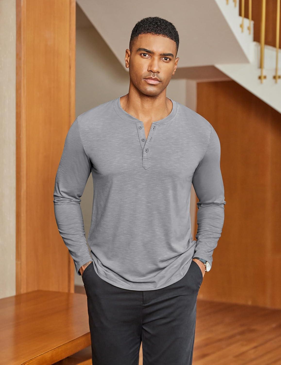 imageCOOFANDY Mens Henley Shirts Long Sleeve Lightweight Button TShirt Casual Basic Tee TopLight Grey