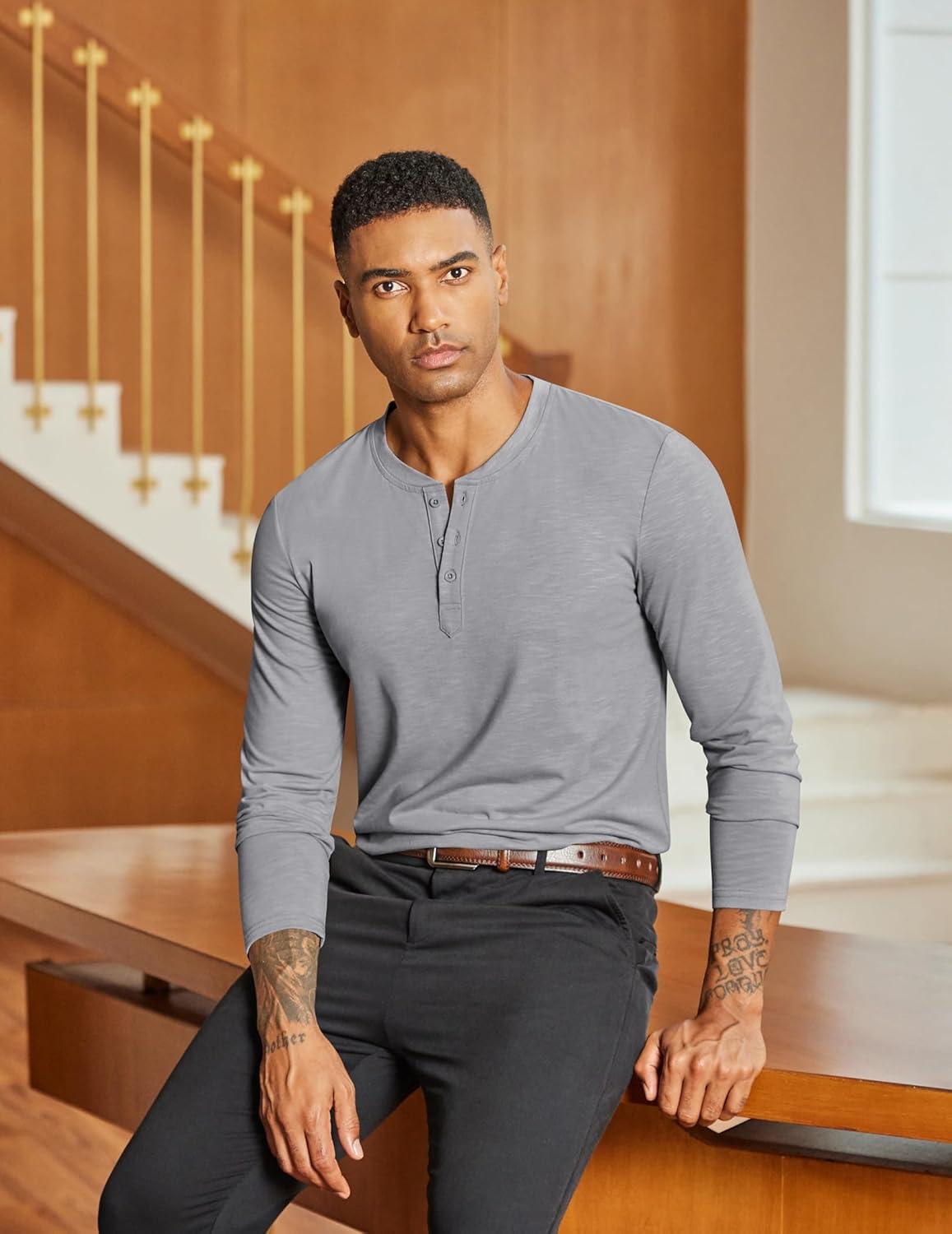 imageCOOFANDY Mens Henley Shirts Long Sleeve Lightweight Button TShirt Casual Basic Tee TopLight Grey