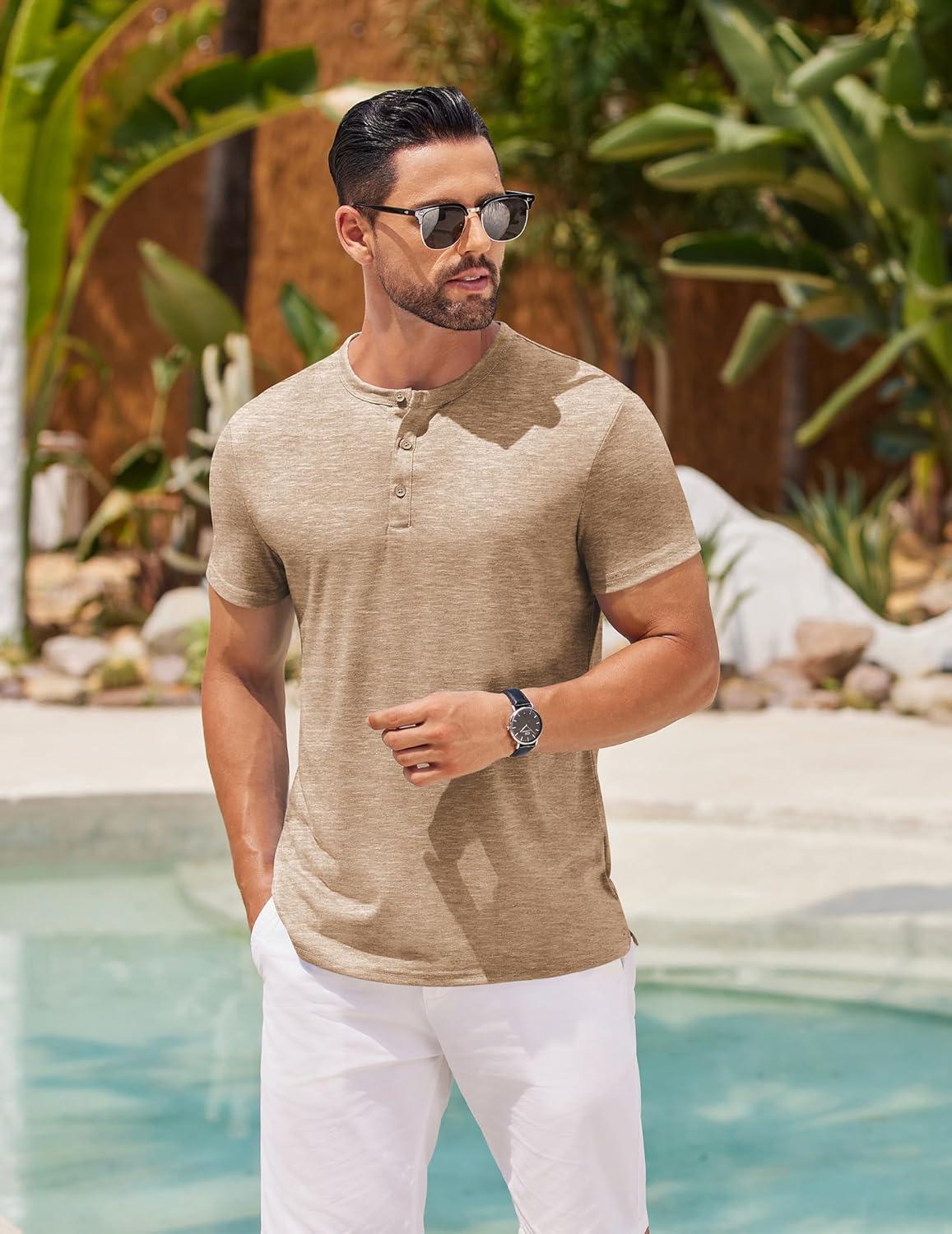 imageCOOFANDY Mens Henley Shirts Short Sleeve Casual Basic Henley Tee Summer Button Lightweight Stretch T ShirtsApricot