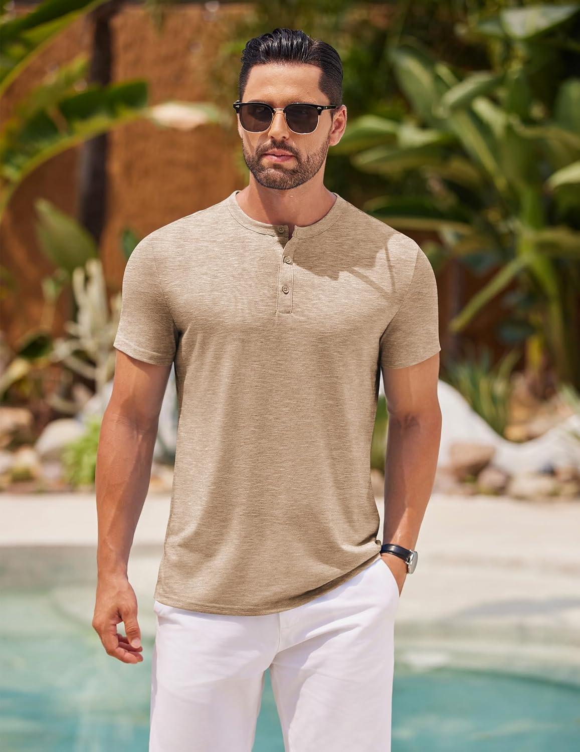 imageCOOFANDY Mens Henley Shirts Short Sleeve Casual Basic Henley Tee Summer Button Lightweight Stretch T ShirtsApricot