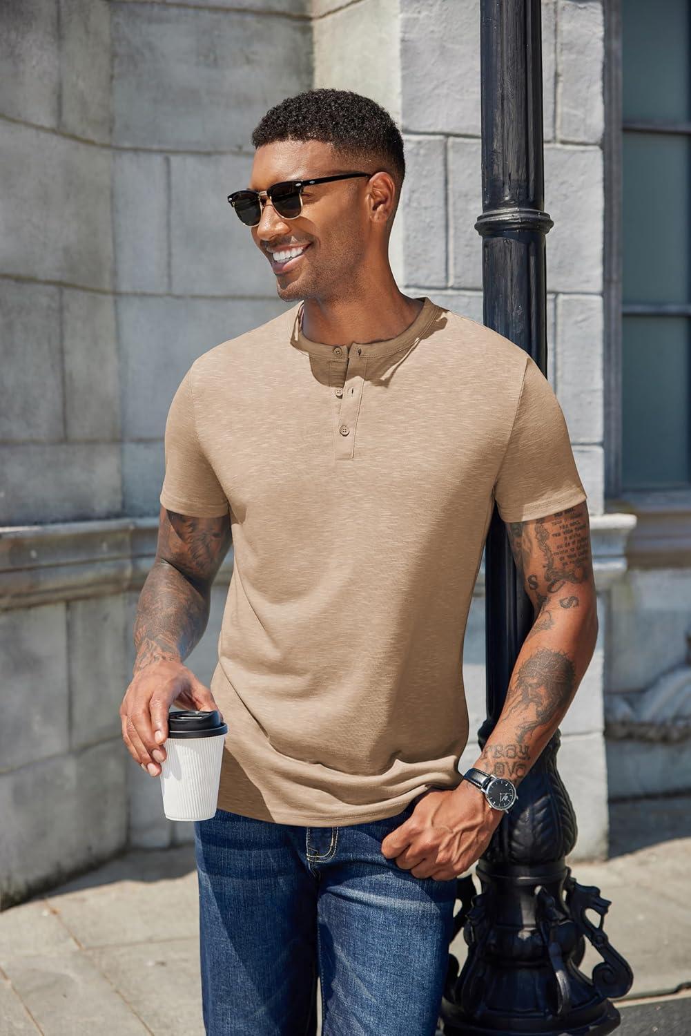 imageCOOFANDY Mens Henley Shirts Short Sleeve Casual Basic Henley Tee Summer Button Lightweight Stretch T ShirtsApricot