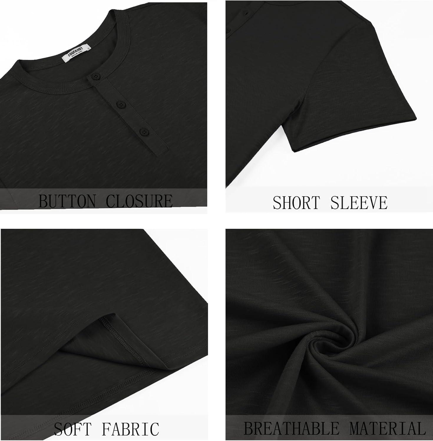 imageCOOFANDY Mens Henley Shirts Short Sleeve Casual Basic Henley Tee Summer Button Lightweight Stretch T ShirtsBlack
