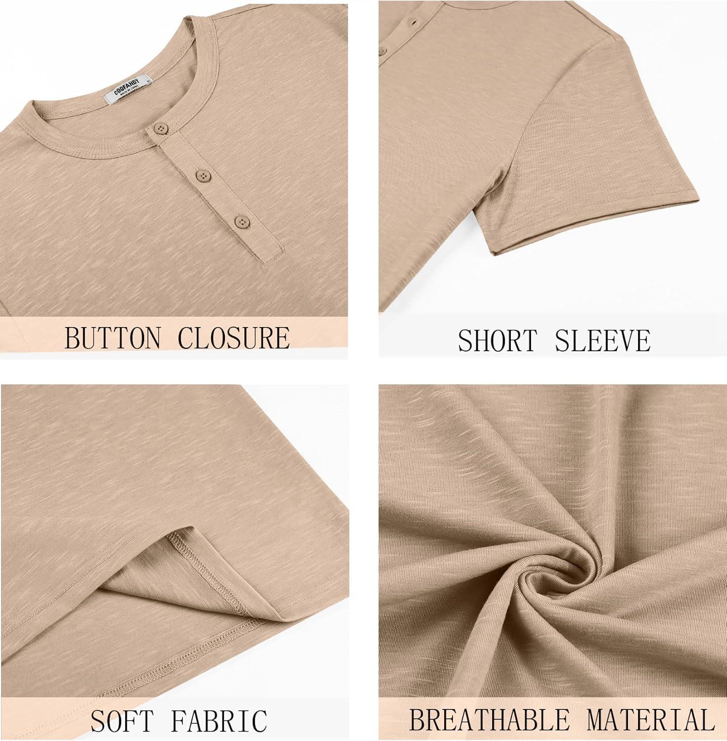 imageCOOFANDY Mens Henley Shirts Short Sleeve Casual Basic Henley Tee Summer Button Lightweight Stretch T ShirtsKhaki