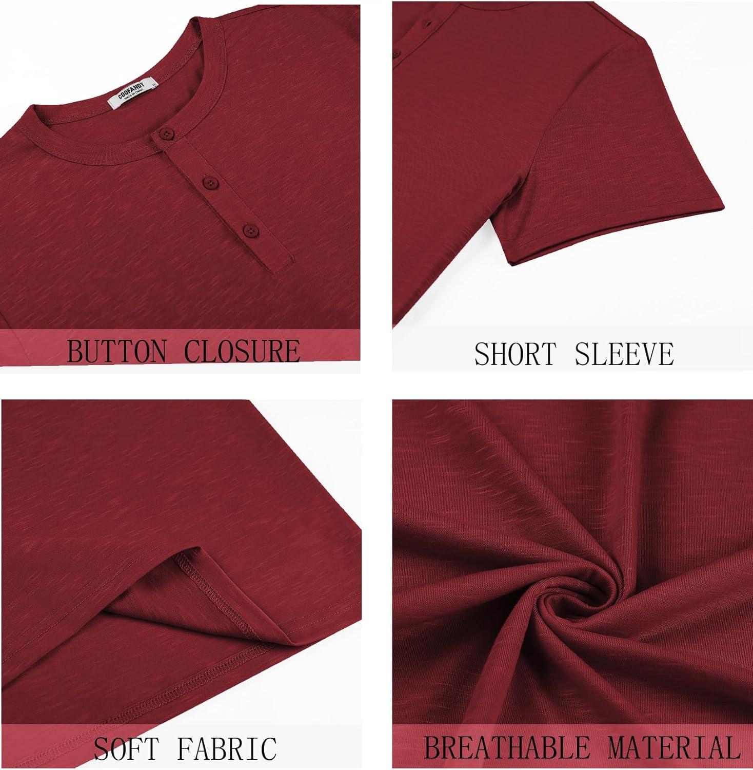 imageCOOFANDY Mens Henley Shirts Short Sleeve Casual Basic Henley Tee Summer Button Lightweight Stretch T ShirtsWine Red