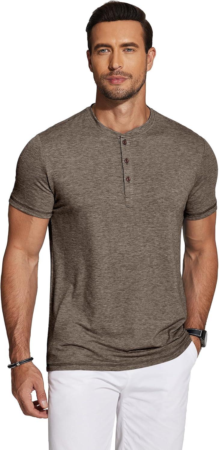 imageCOOFANDY Mens Henley Shirts Short Sleeve Casual Basic Tee Summer Button Henley Soild T ShirtsBrown