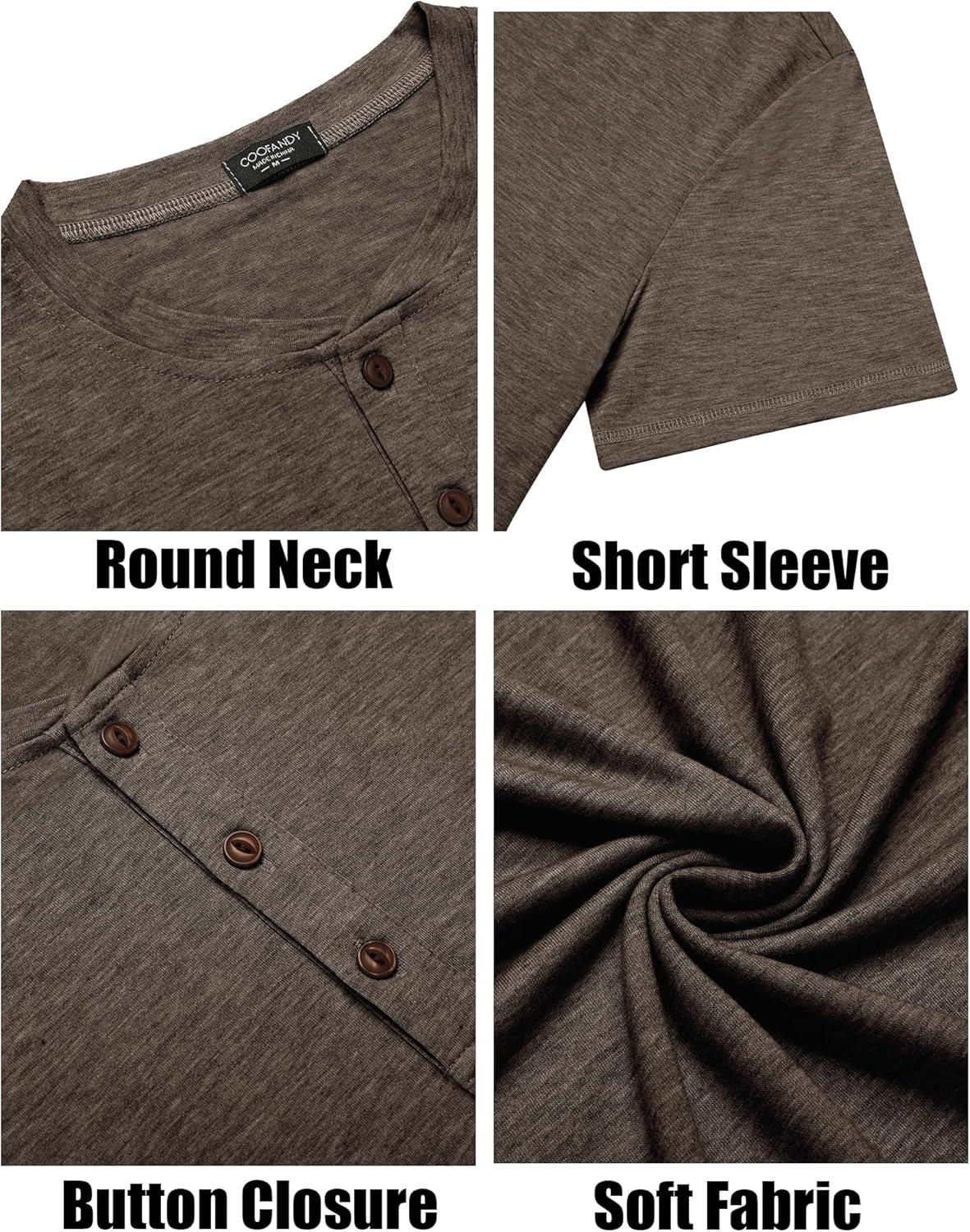 imageCOOFANDY Mens Henley Shirts Short Sleeve Casual Basic Tee Summer Button Henley Soild T ShirtsBrown