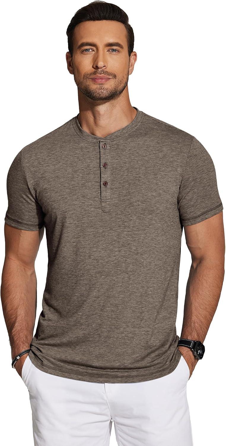 imageCOOFANDY Mens Henley Shirts Short Sleeve Casual Basic Tee Summer Button Henley Soild T ShirtsBrown